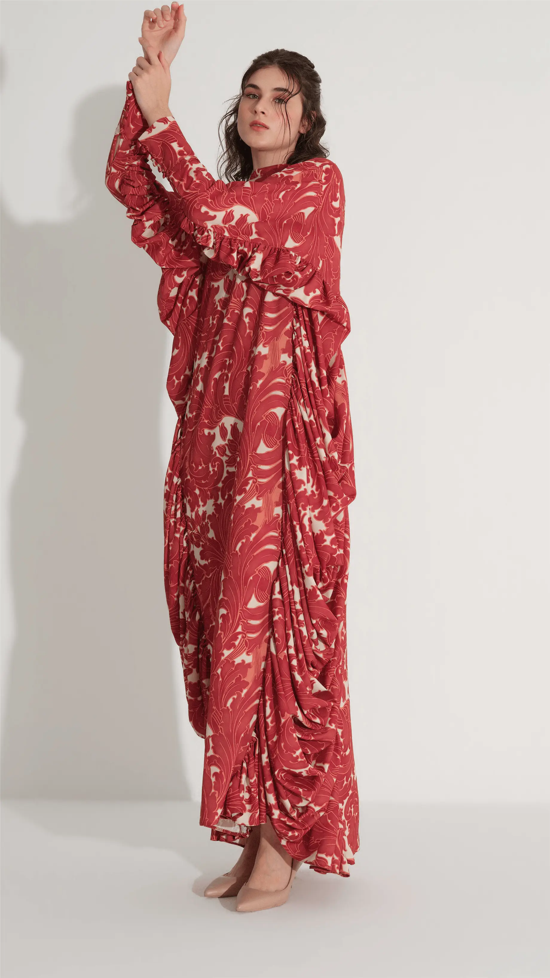 YANLARI BÜZGÜLÜ KAFTAN ELBİSE Tarçın, photo 3