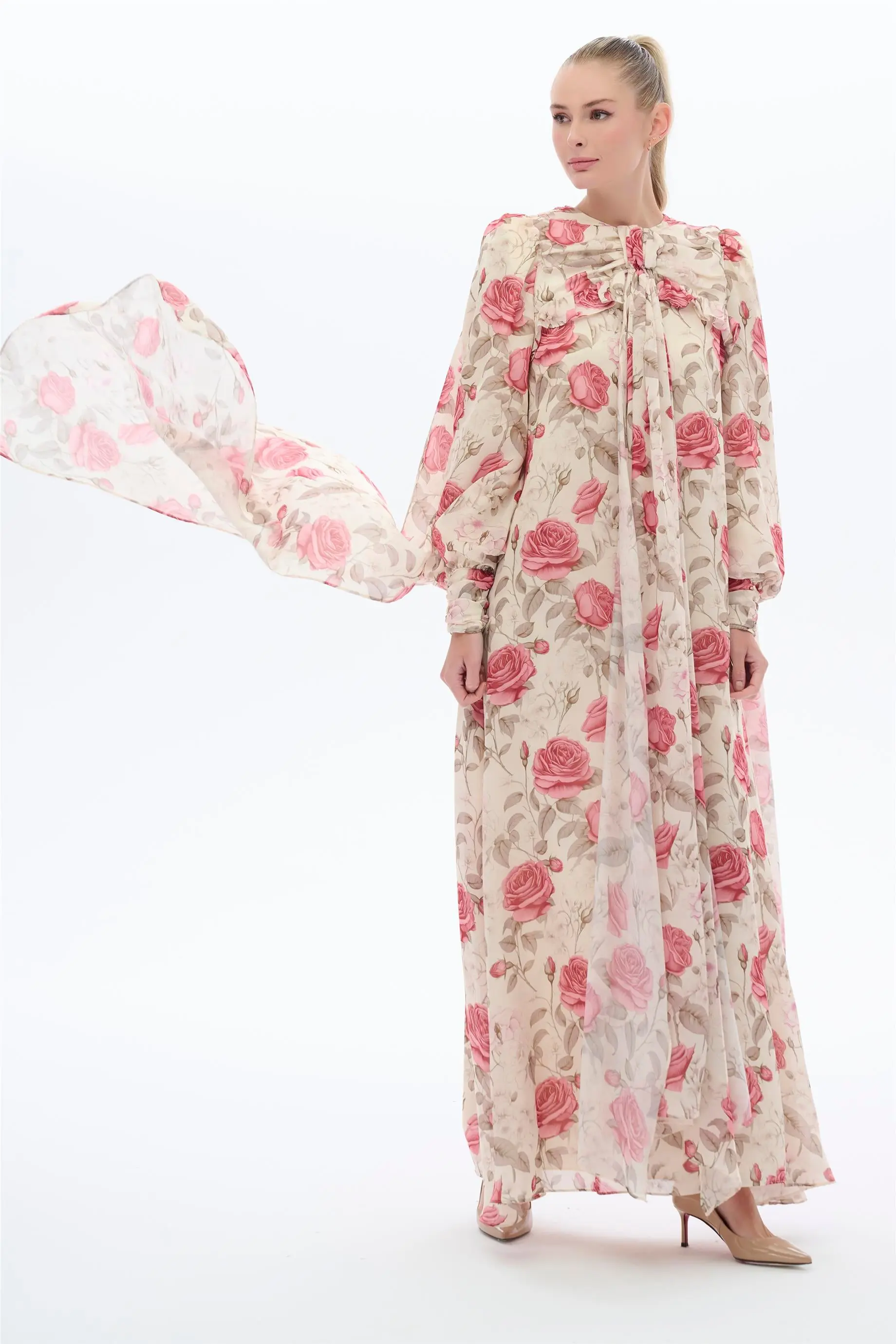 Cape Shoulder Rose Print Dress in Beige, photo 5