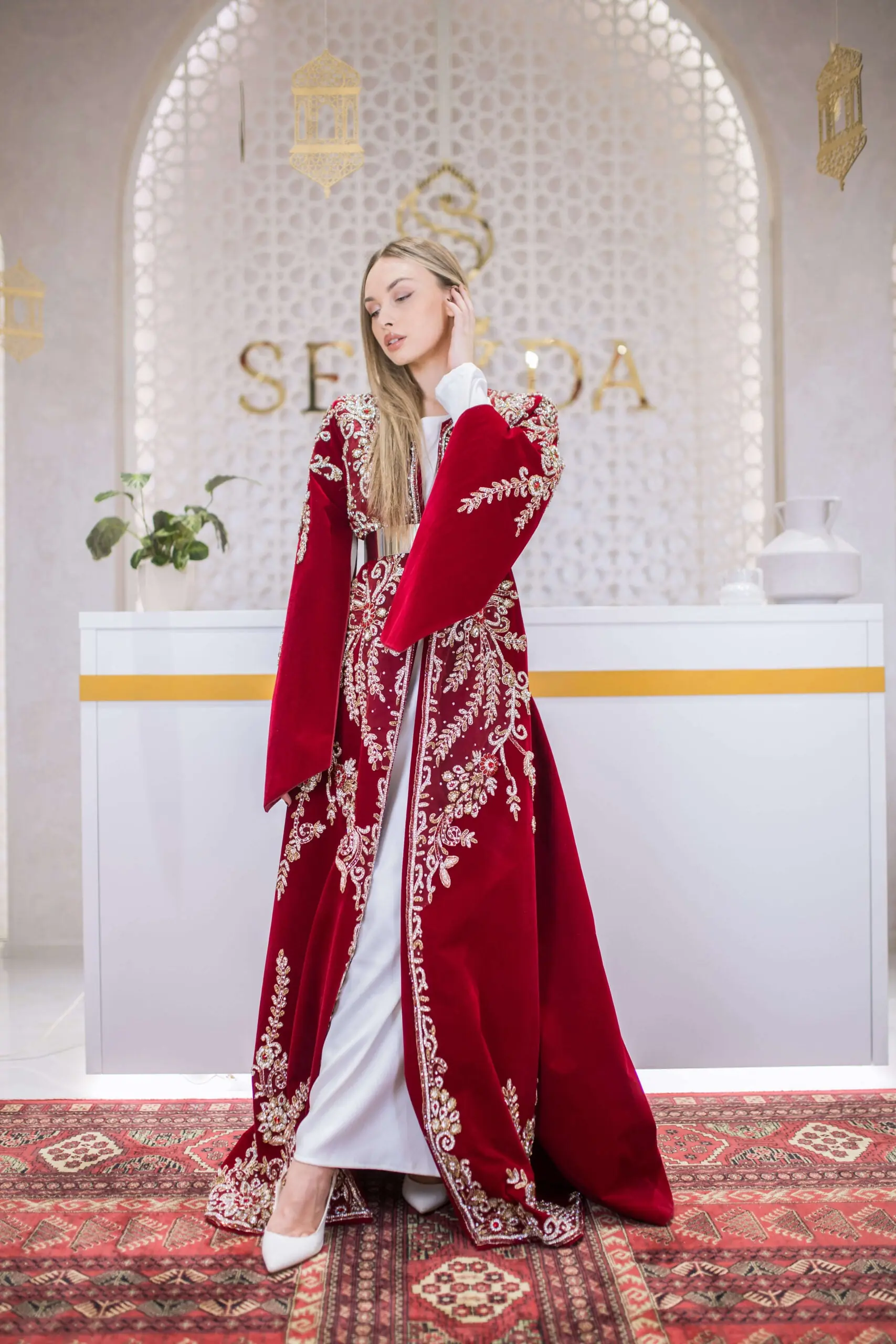 Whispered Elegance Velvet Kaftan – Red, photo 5