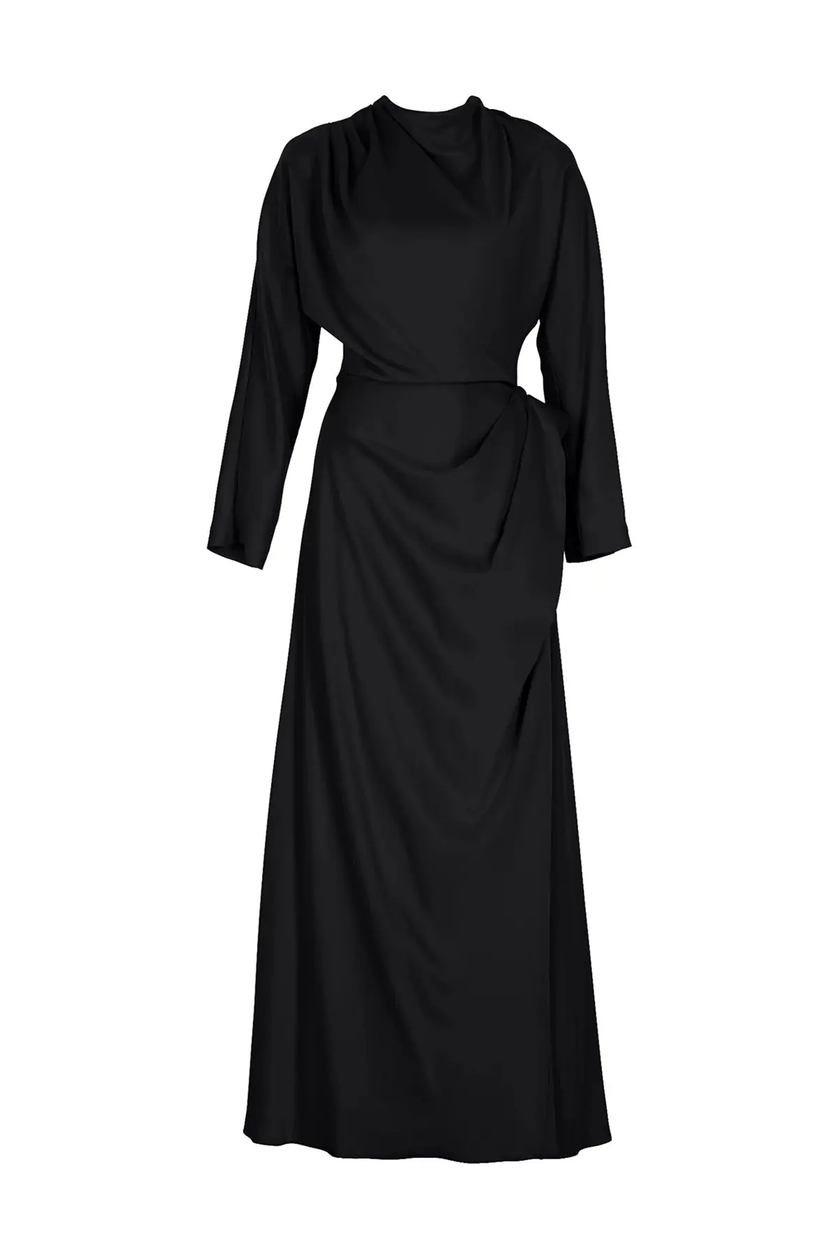 Asymmetric Draped High-Neck Satin Long Evening Dress - Black