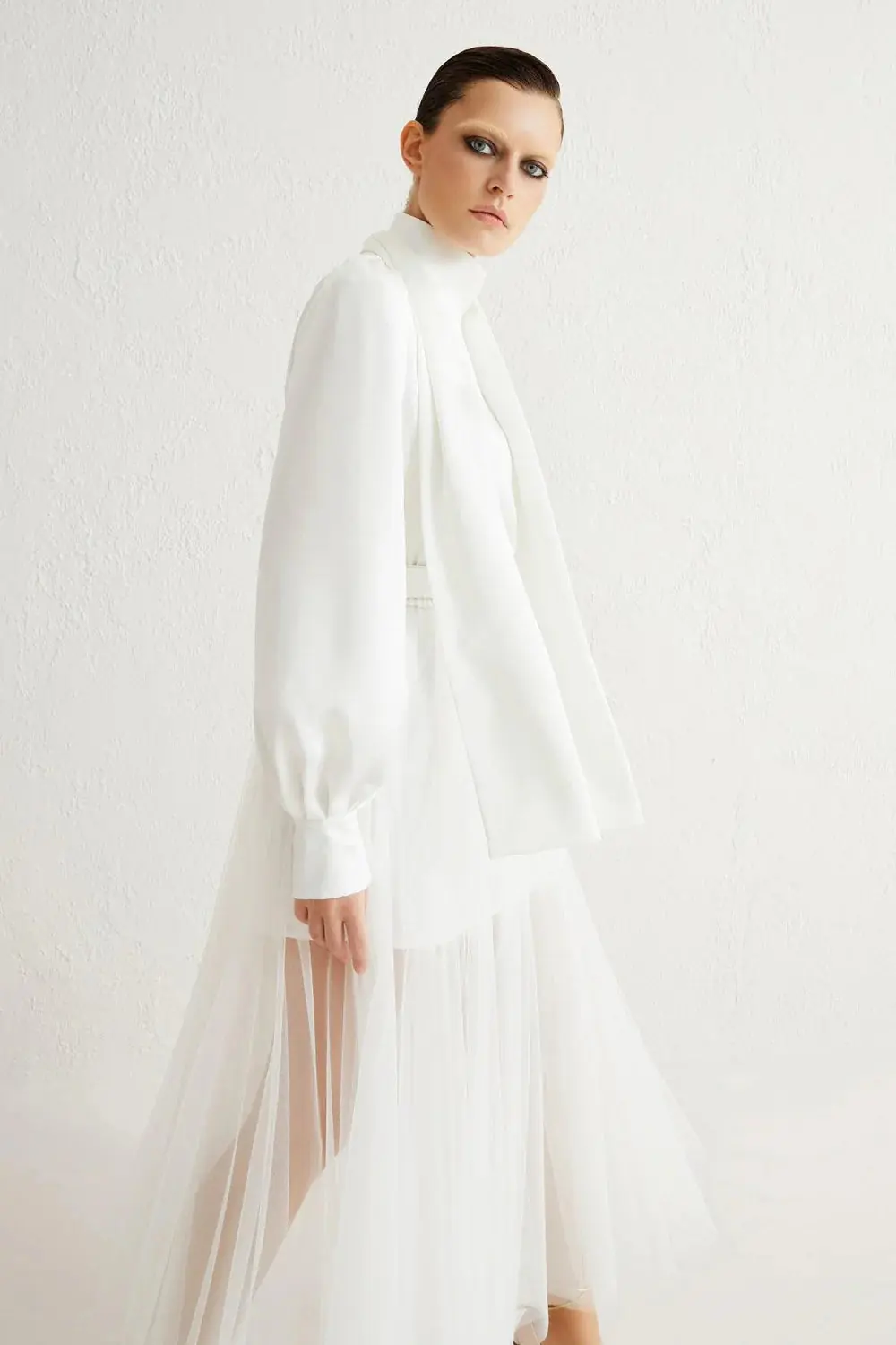 Satin High-Neck Tie-Detail Tunic – Ecru, photo 3