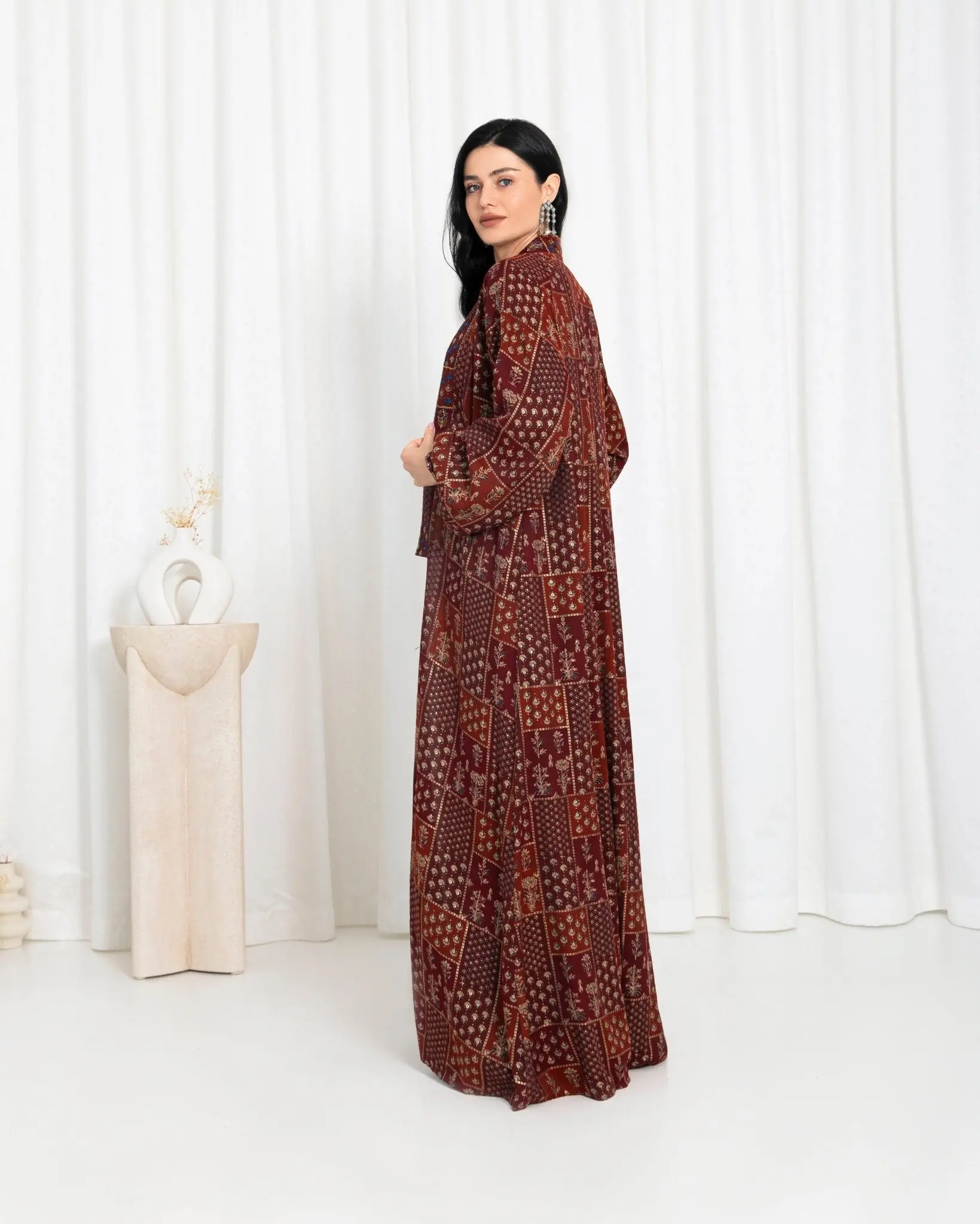 Maroon Floral Check Kimono Abaya, photo 5