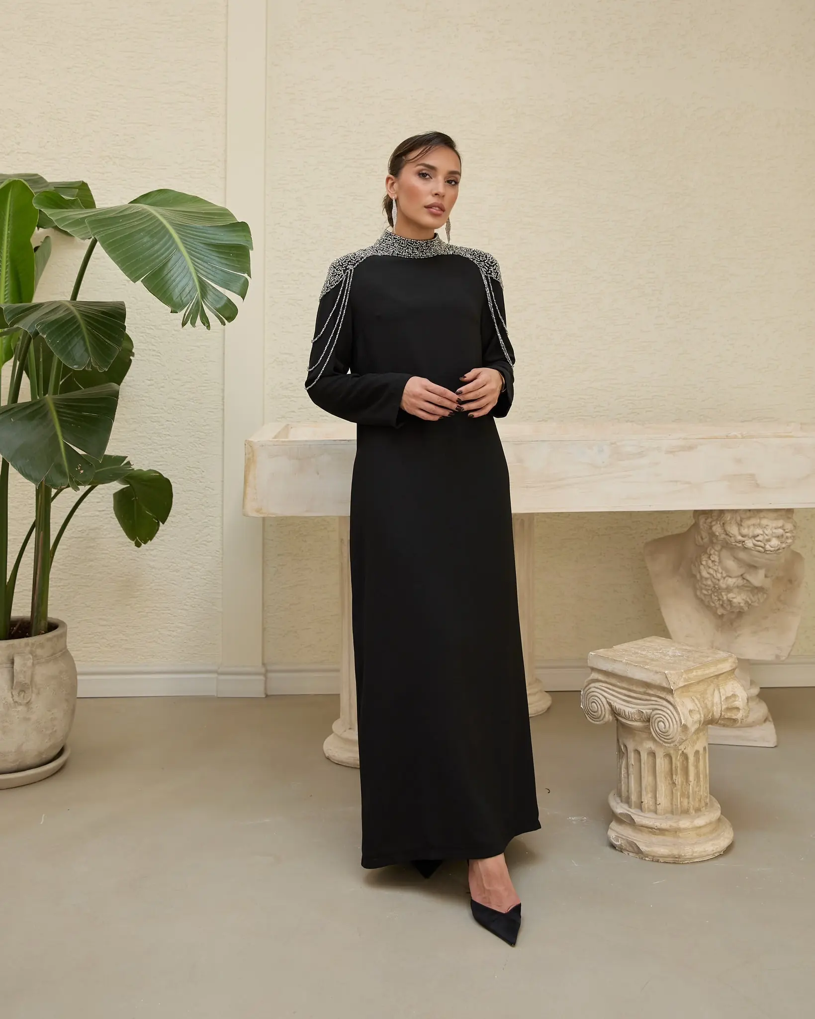 Mirella Crystal Draped Shoulder Dress – Black, photo 8