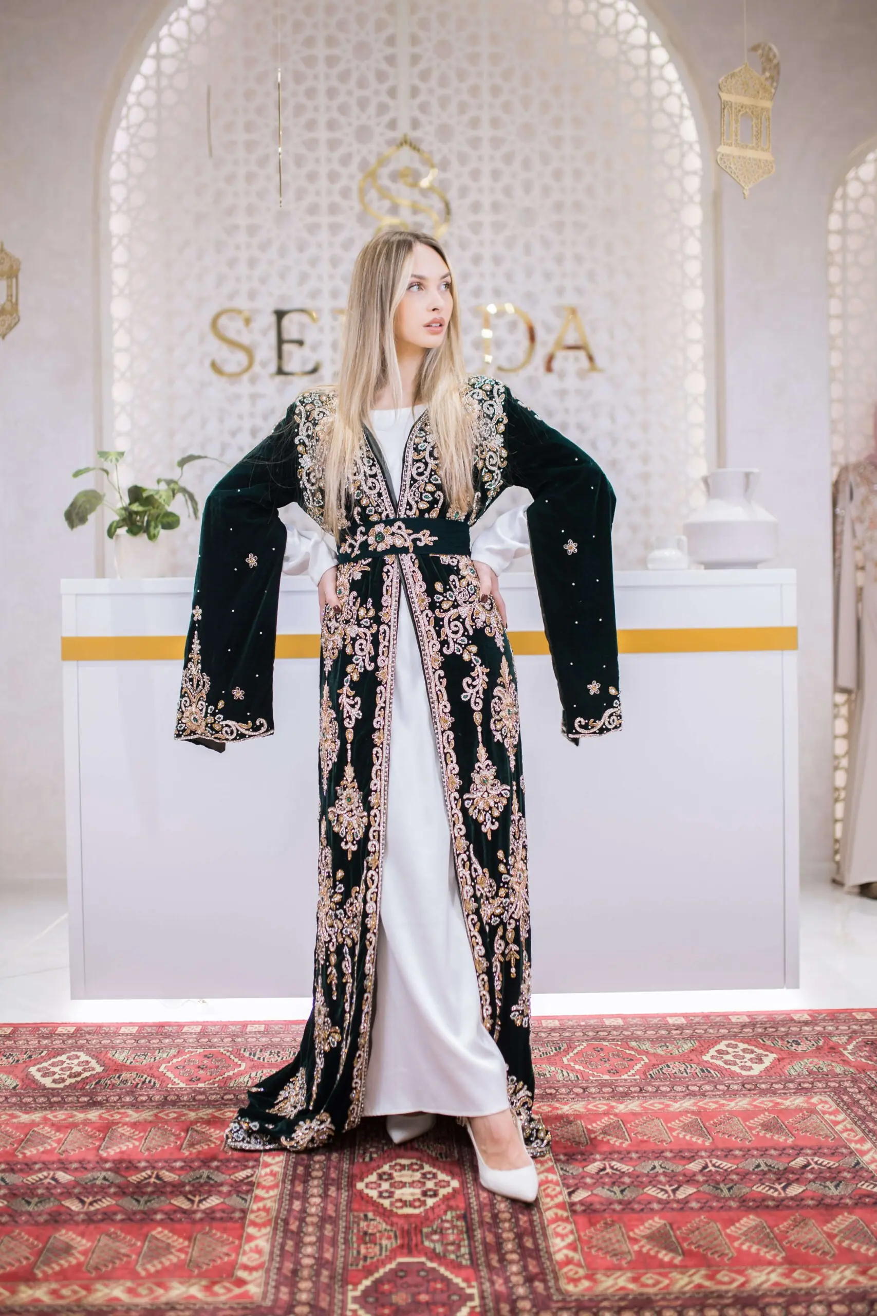 Eclipse Velvet Embellished Kaftan – Dark Green