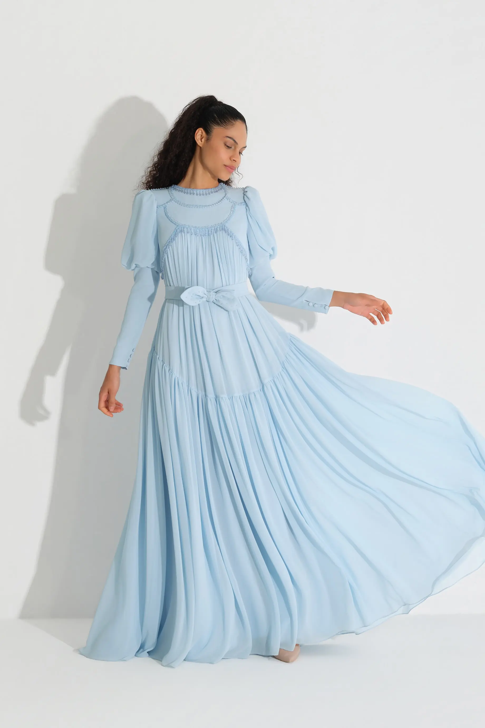 Beaded Stone-Embellished Chiffon Dress – Blue, photo 2