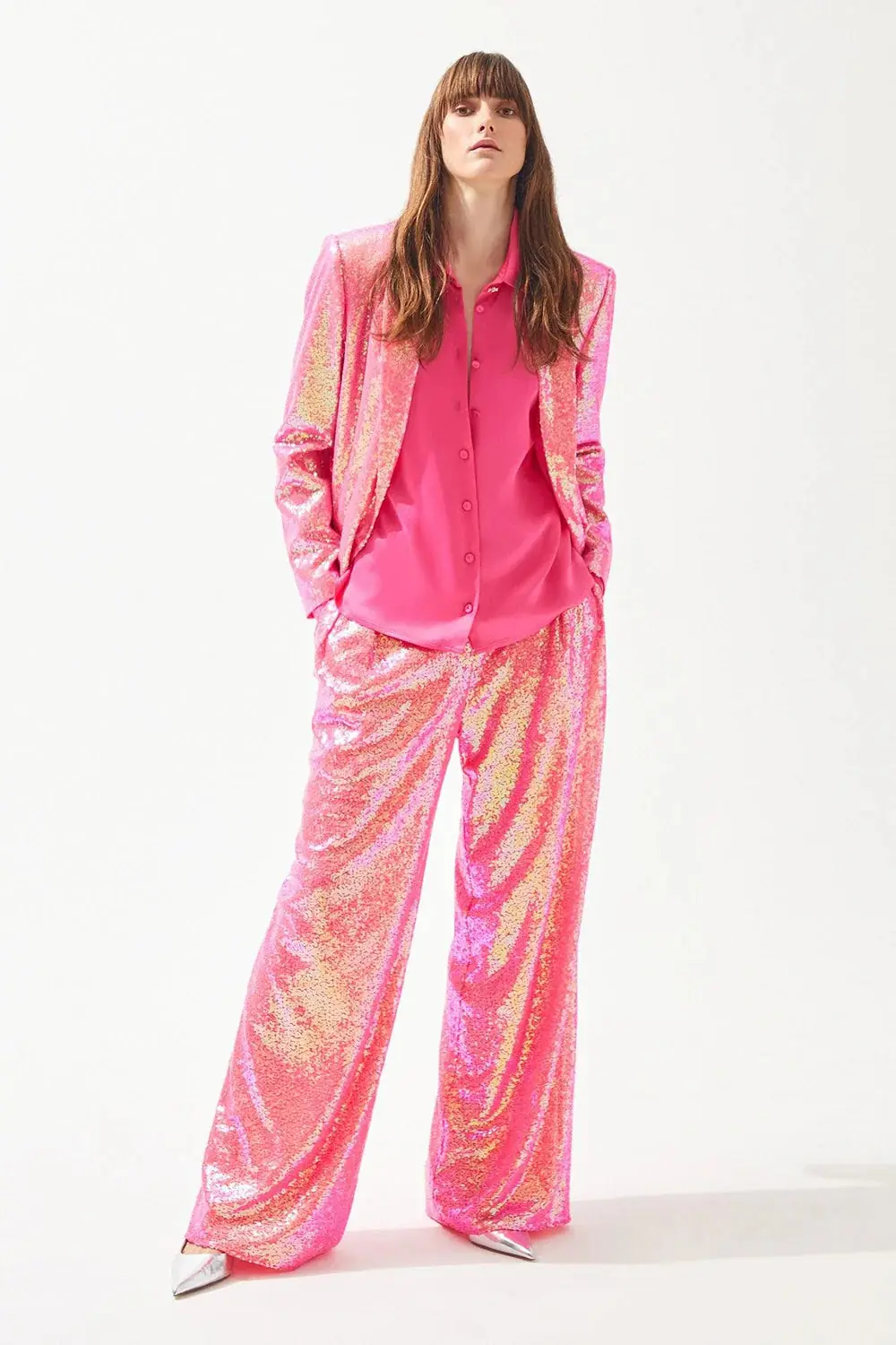 Satin Shirt with Crystal Collar Button – Fuchsia, photo 3