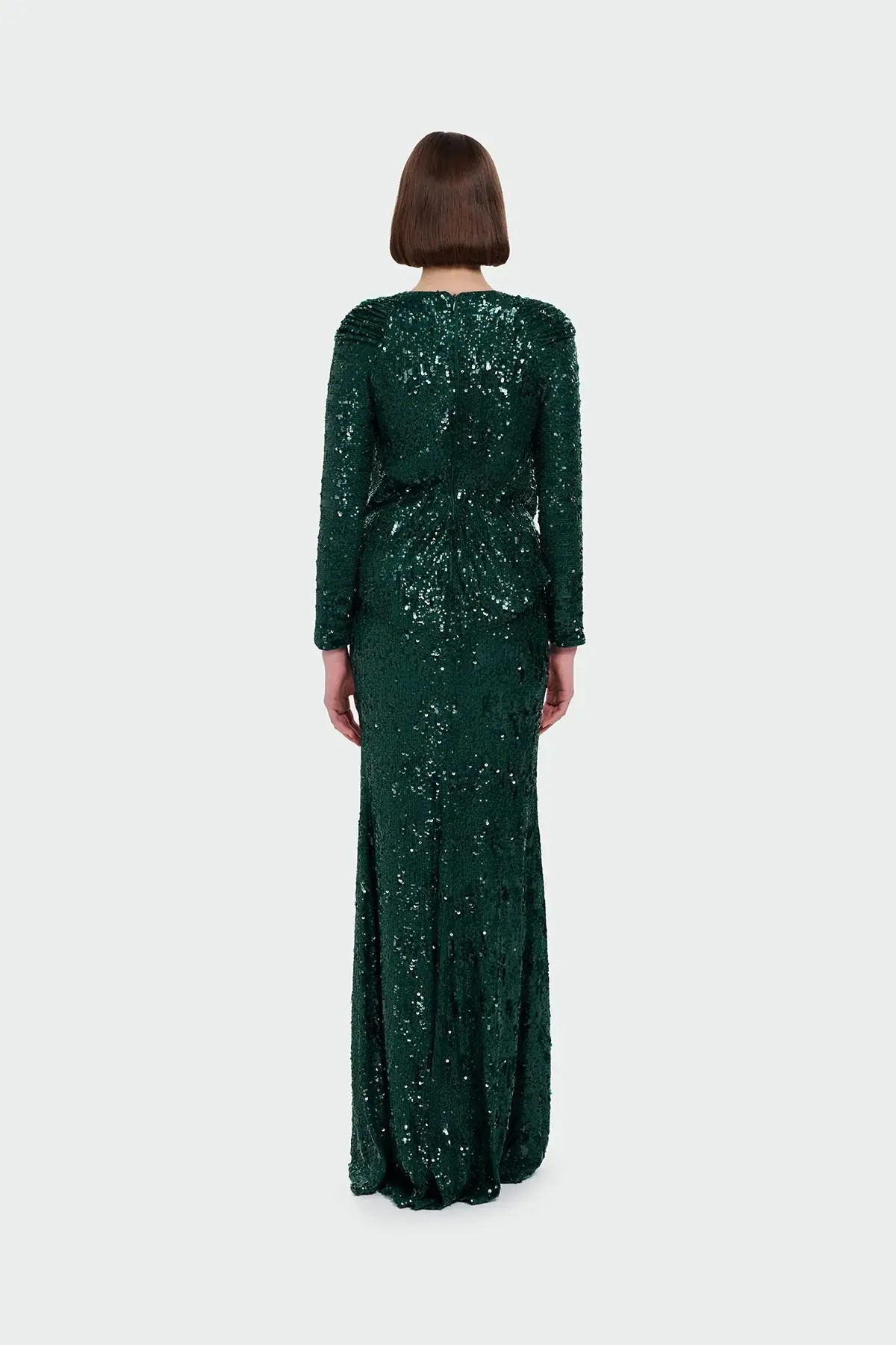 Sequin Long-Sleeve Formal Set with Draped Detail - Emerald Green, photo 4