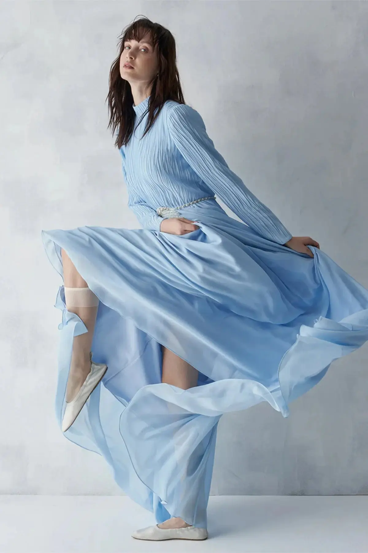Pleated Bodice Embellished Evening Gown – Light Blue, photo 4
