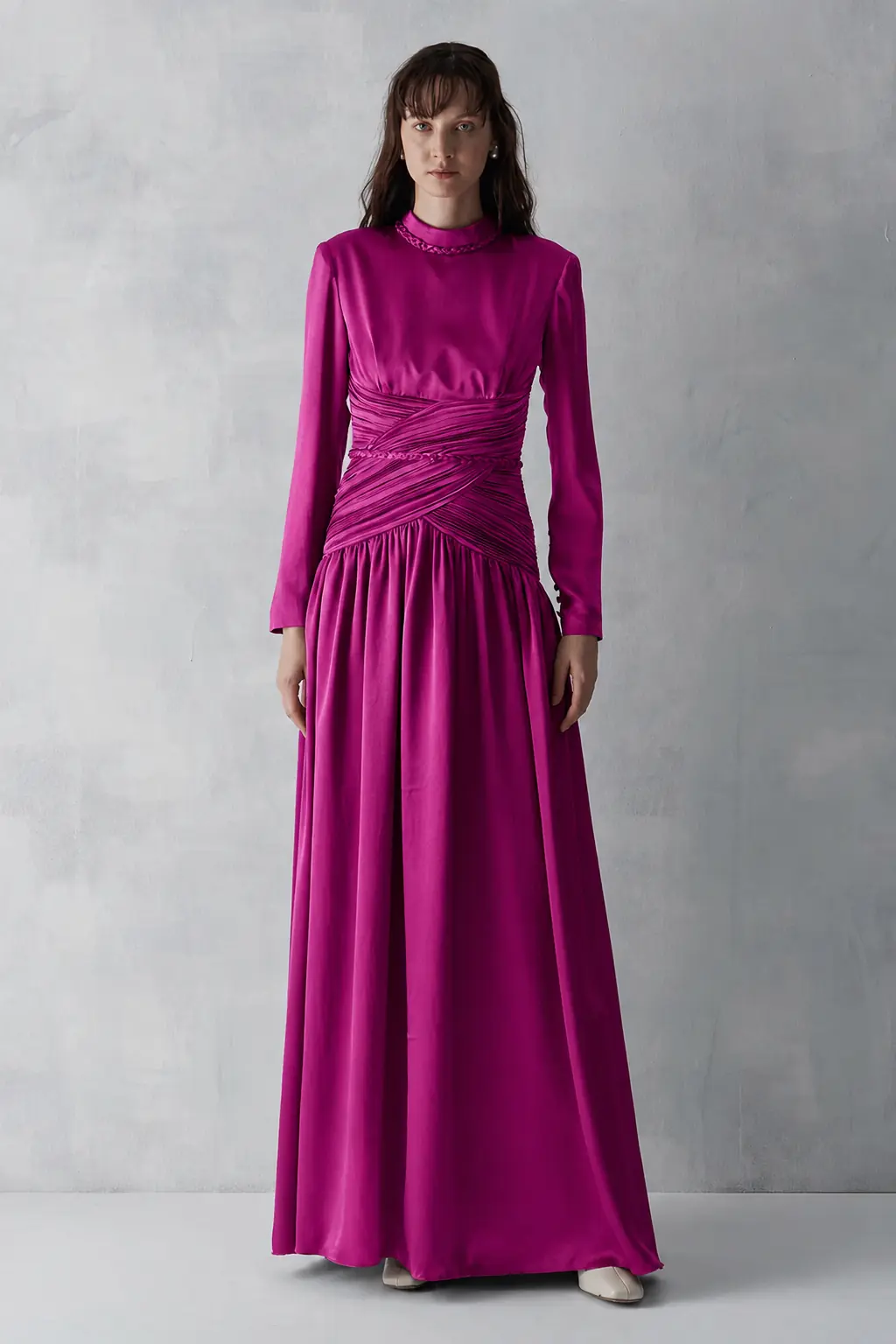 Ruched Waist Draped Long Evening Dress - Fuchsia