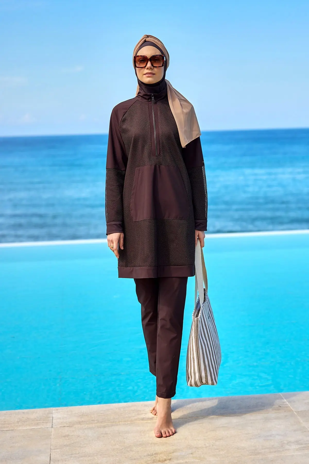 Full Coverage Tulle Detail Modest Swimwear Burkini Set - Brown, photo 3