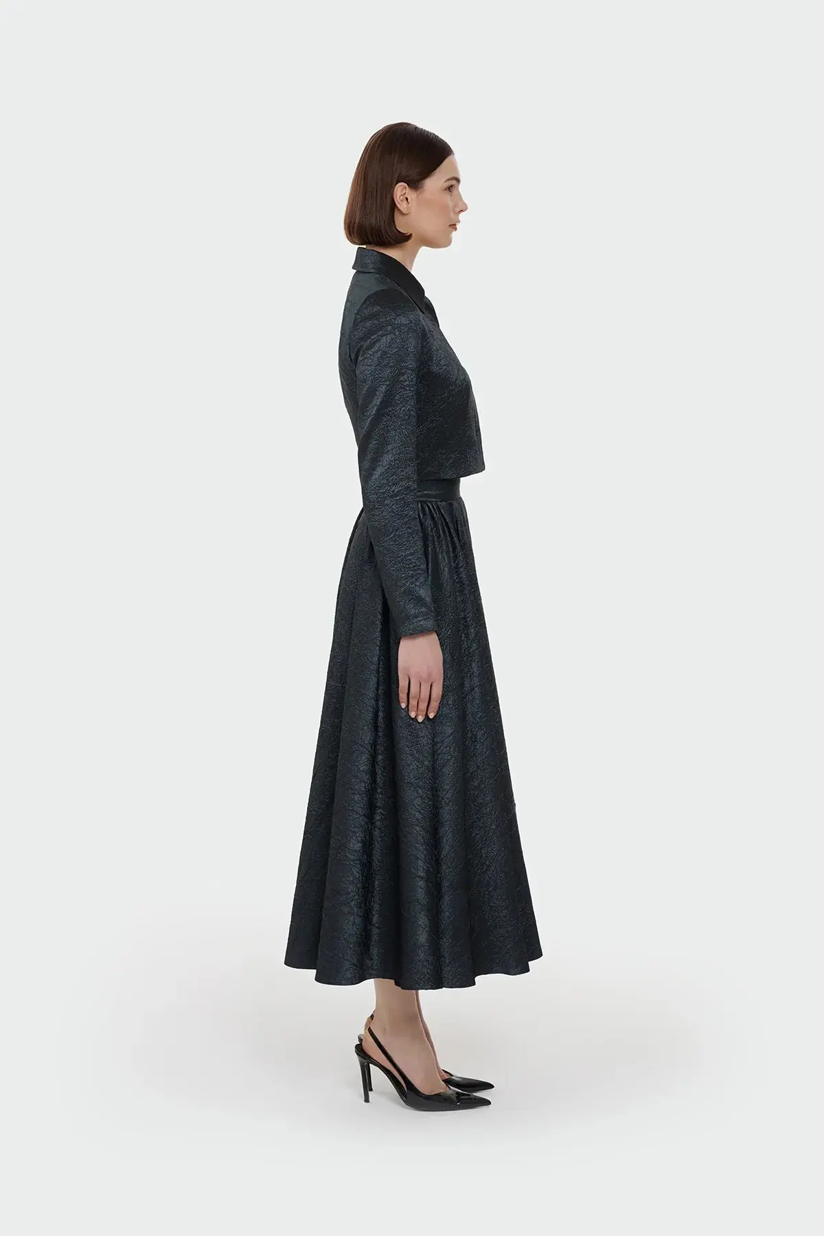 Shirt Collar Cropped Jacket & Skirt Set - Emerald, photo 3