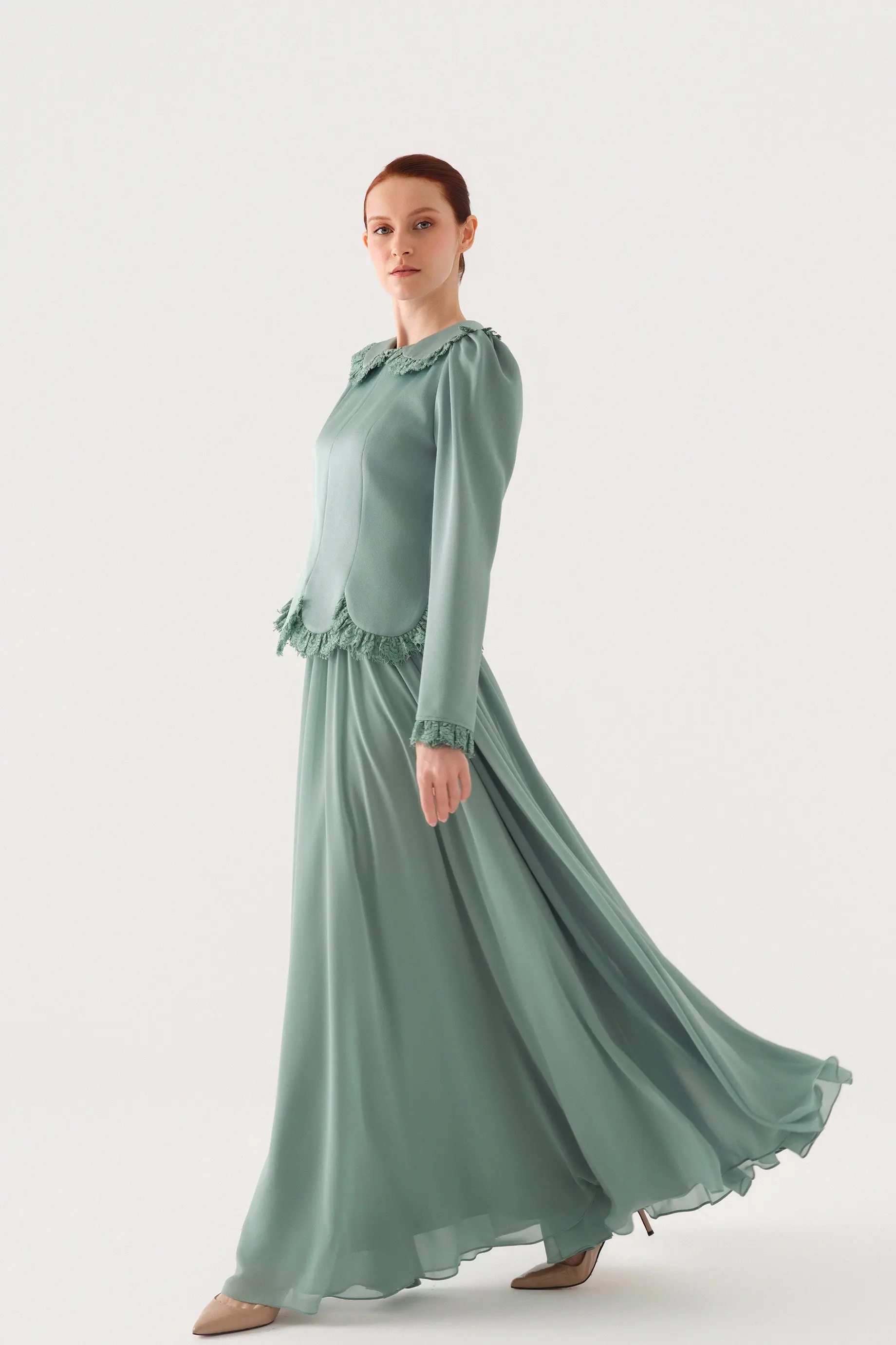 Peter Pan Collar Blouse and Lace-Trim Skirt Set – Green, photo 4