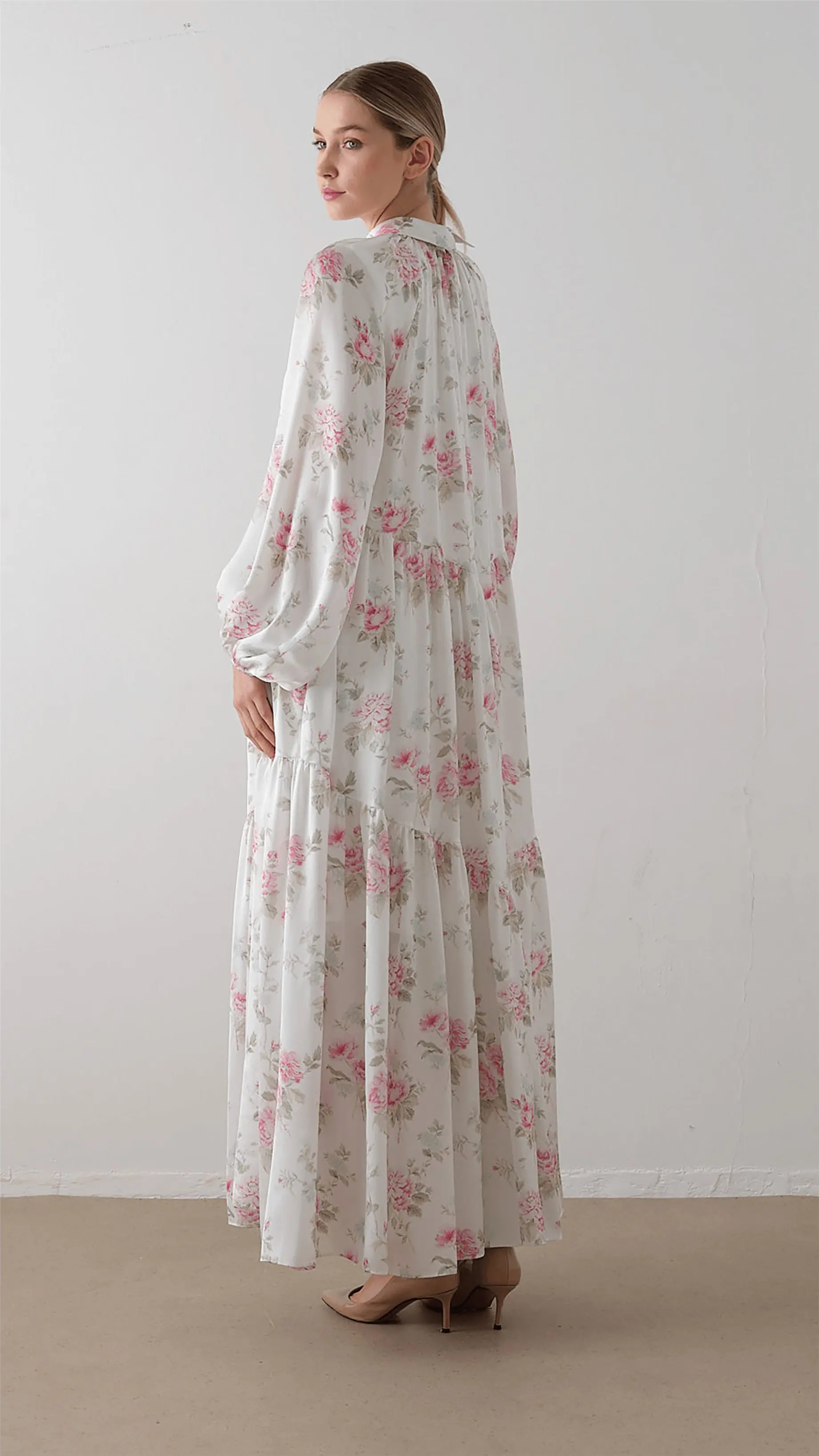 Bow-Neck Floral Chiffon Satin Dress – Cream, photo 6