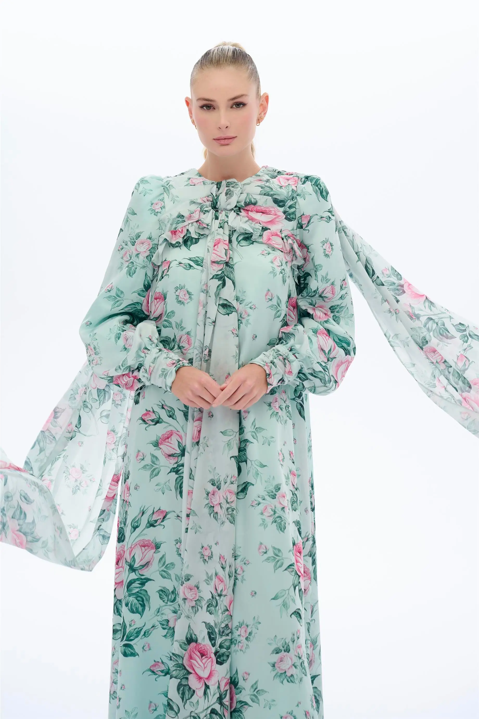 Cape Shoulder Rose Print Dress in Mint, photo 2