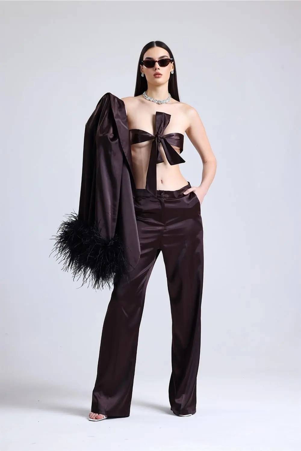 Satin Ember Feather-Sleeve Set — Brown, photo 4