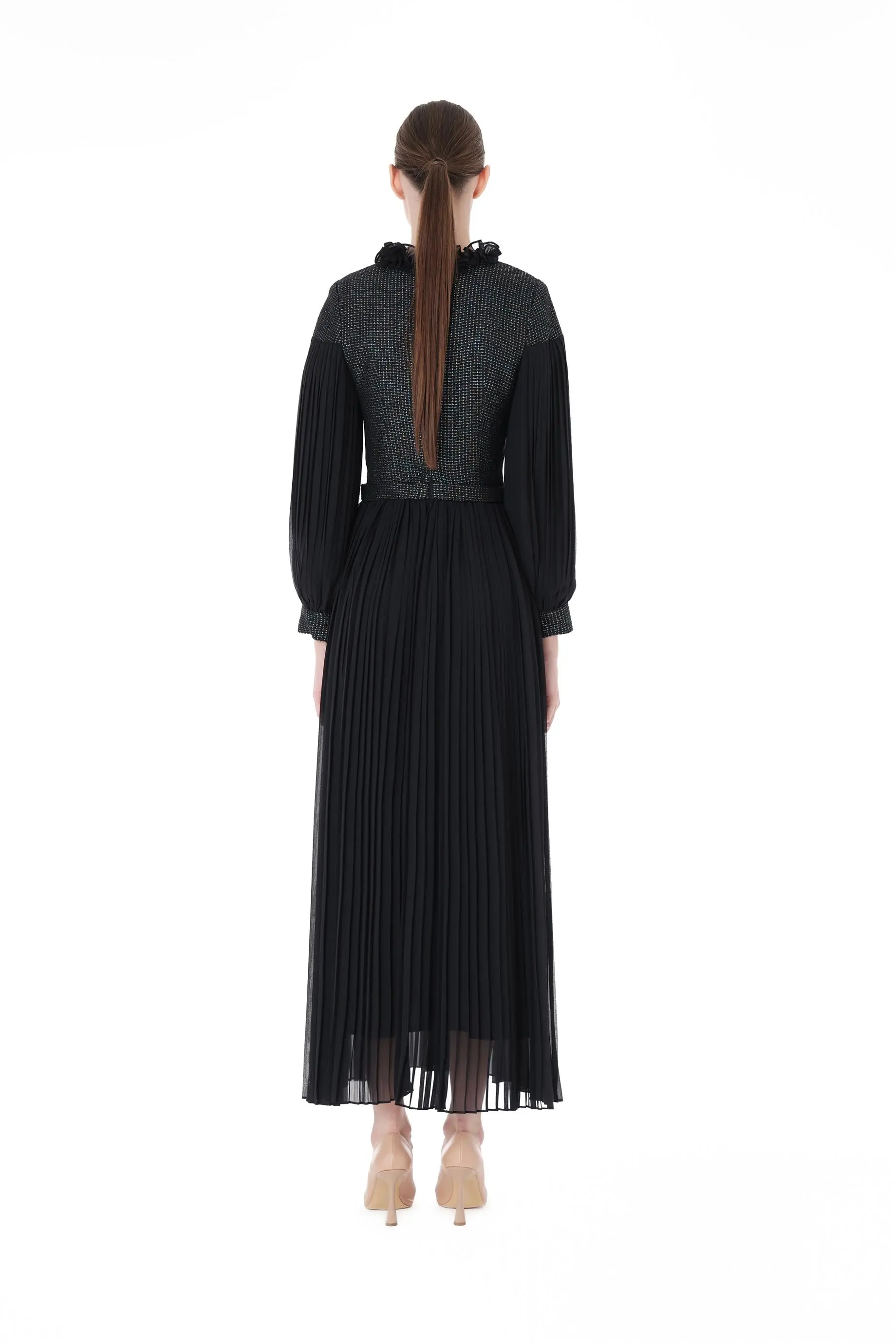 Glitter Tweed-Trim Pleated Long Dress – Navy, photo 3