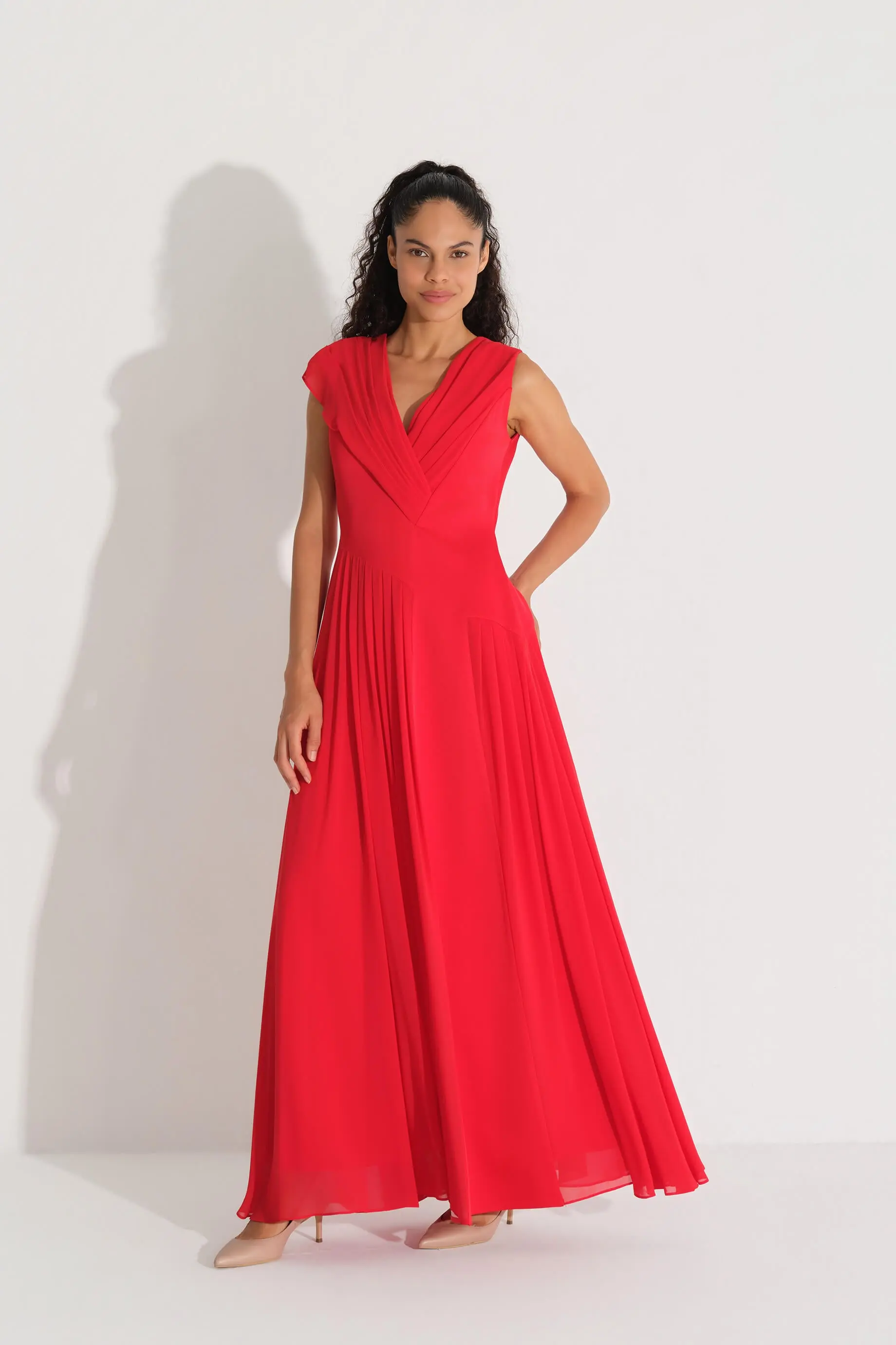 V-Neck Pleated Chiffon Dress – Red