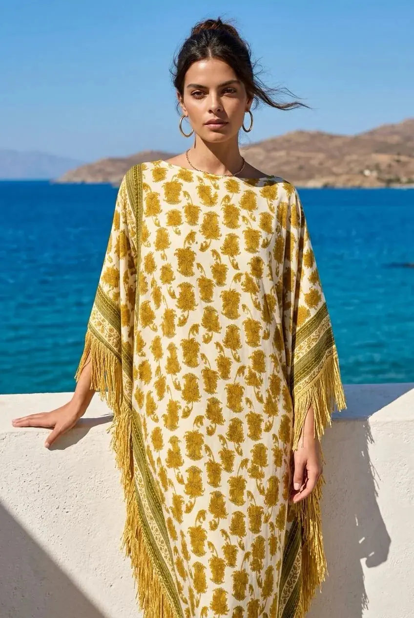 Clarissa Fringed Kaftan – Ivory & Gold, photo 6