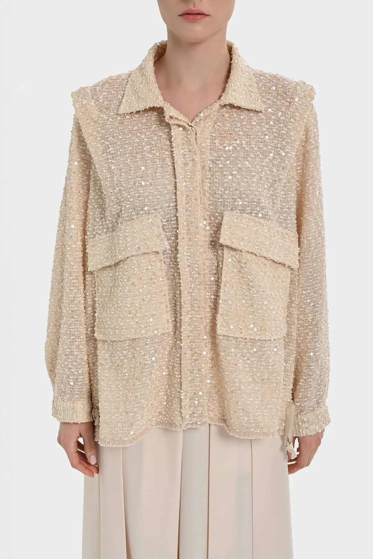 Sequin Embellished Shirt-Collar Jacket — Cream, photo 2