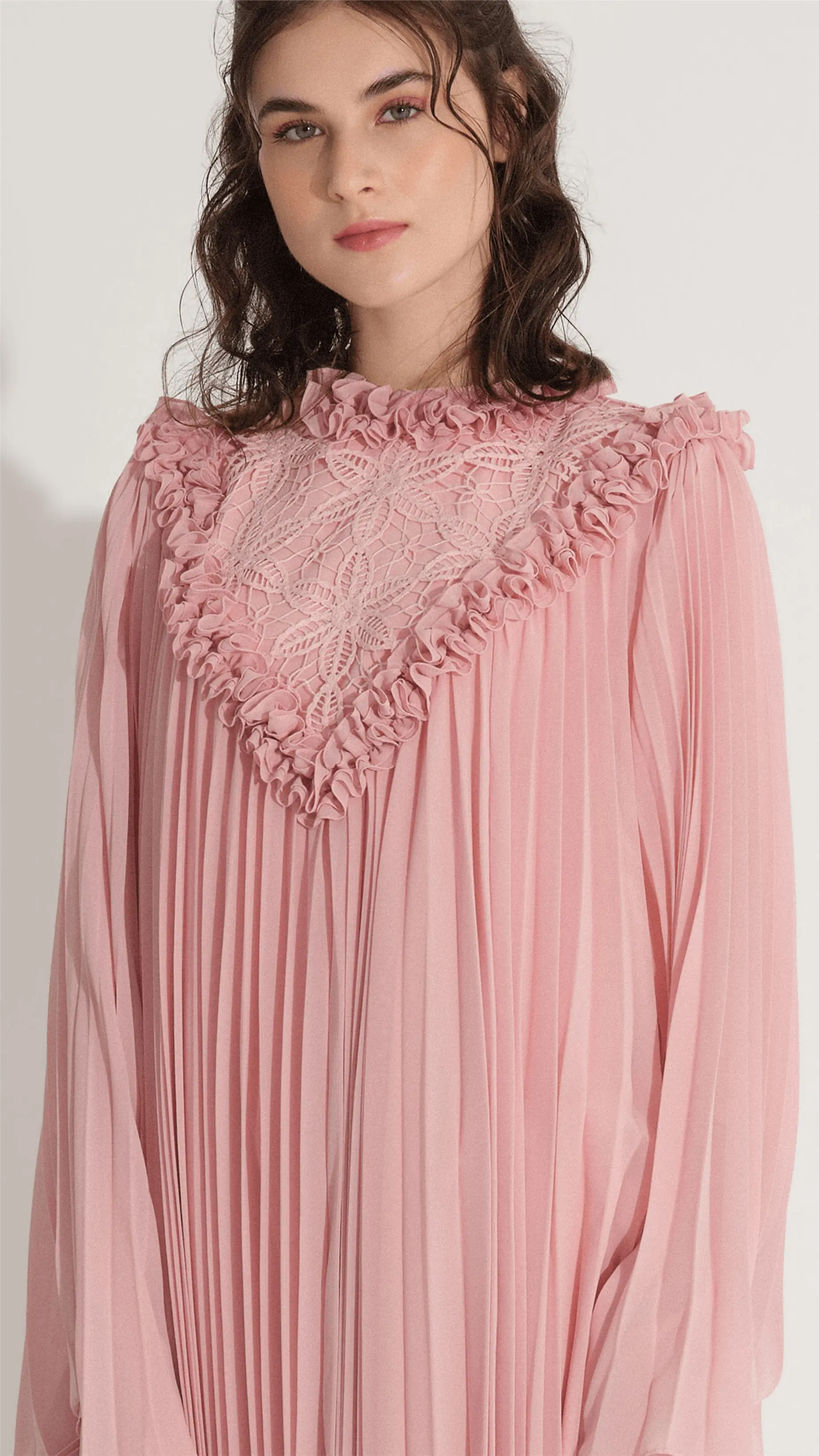 Lace & Ruffle Pleated Dress - Pink, photo 2
