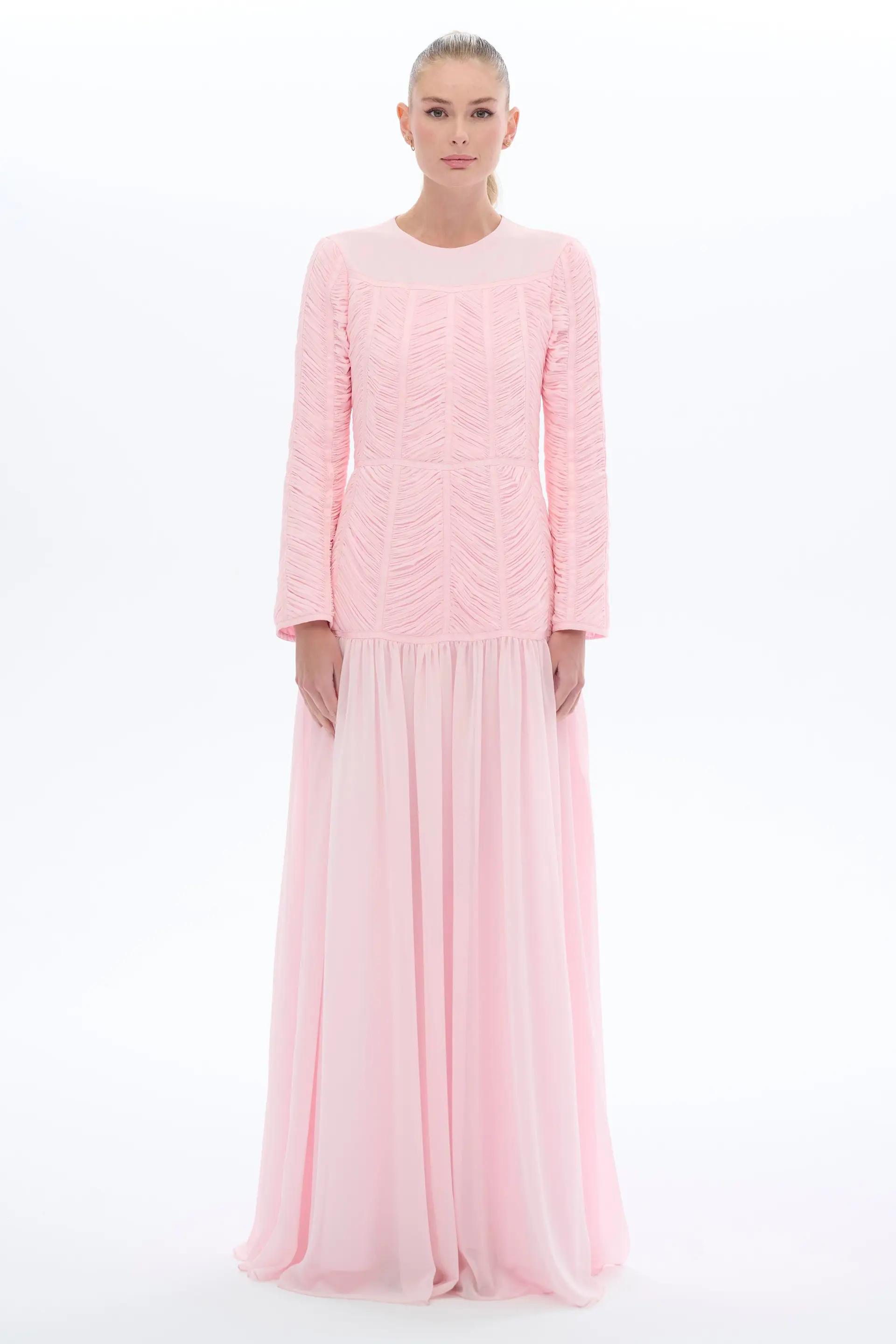 Ruched Bodice Chiffon Dress – Pink
