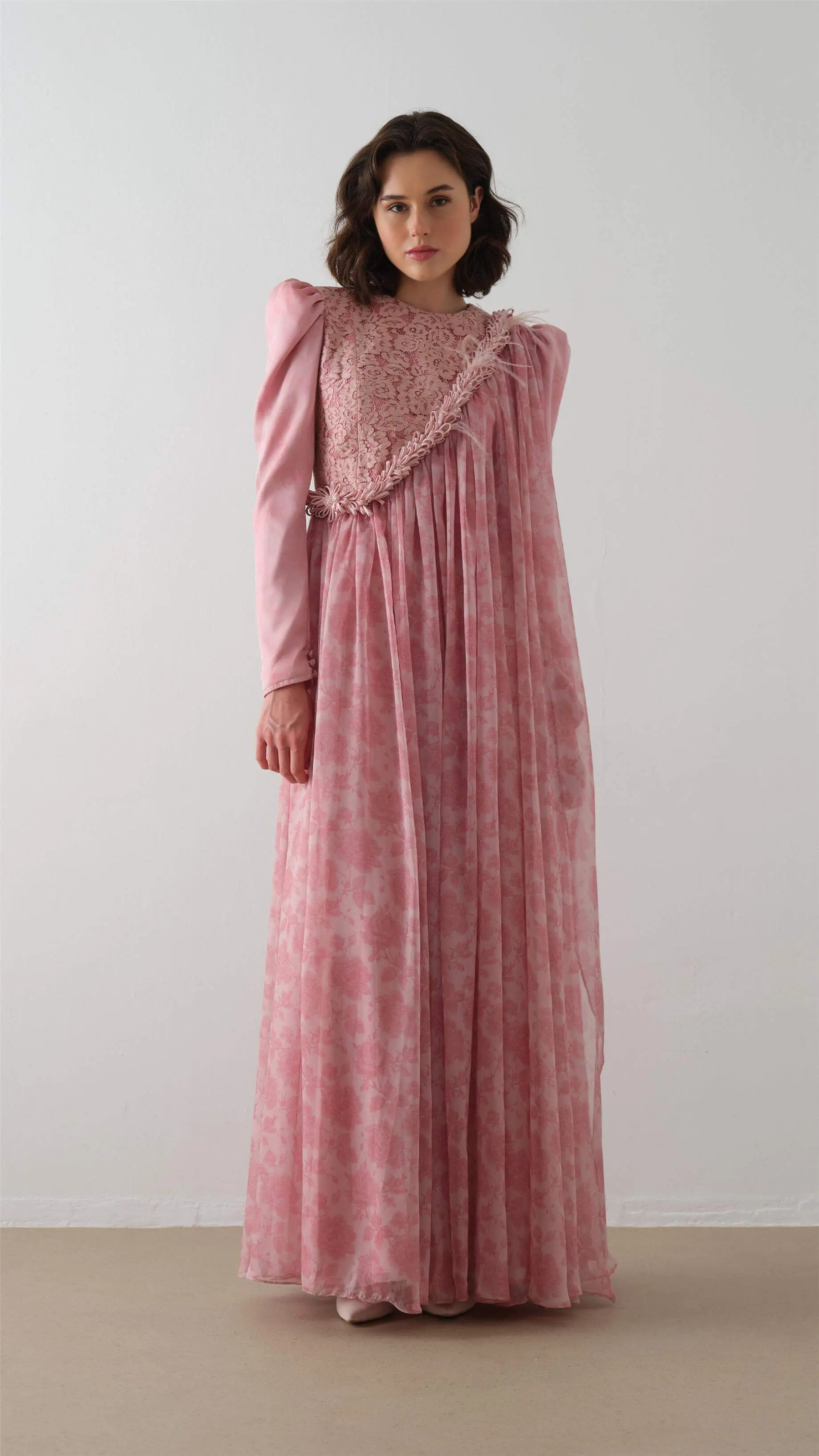 Lace-Detailed Cape Maxi Dress – Pink