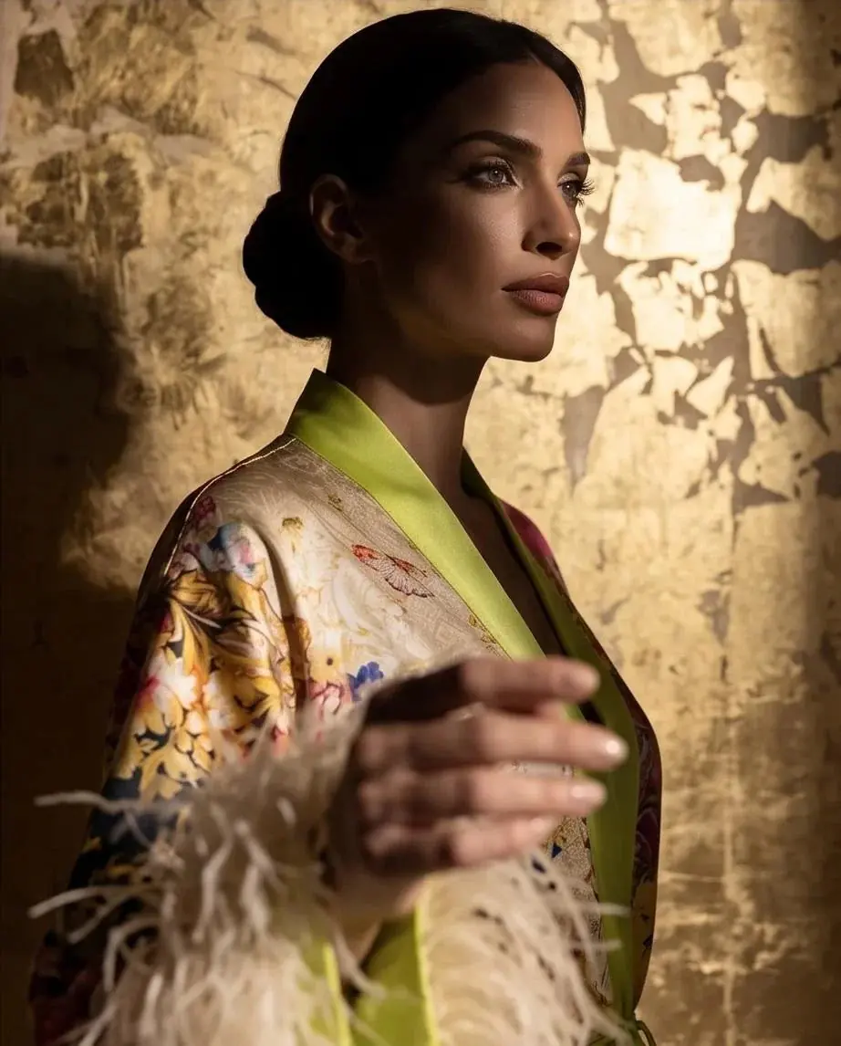 Rita Floral Kimono with Ostrich Feather Trim - Lime Green, photo 7