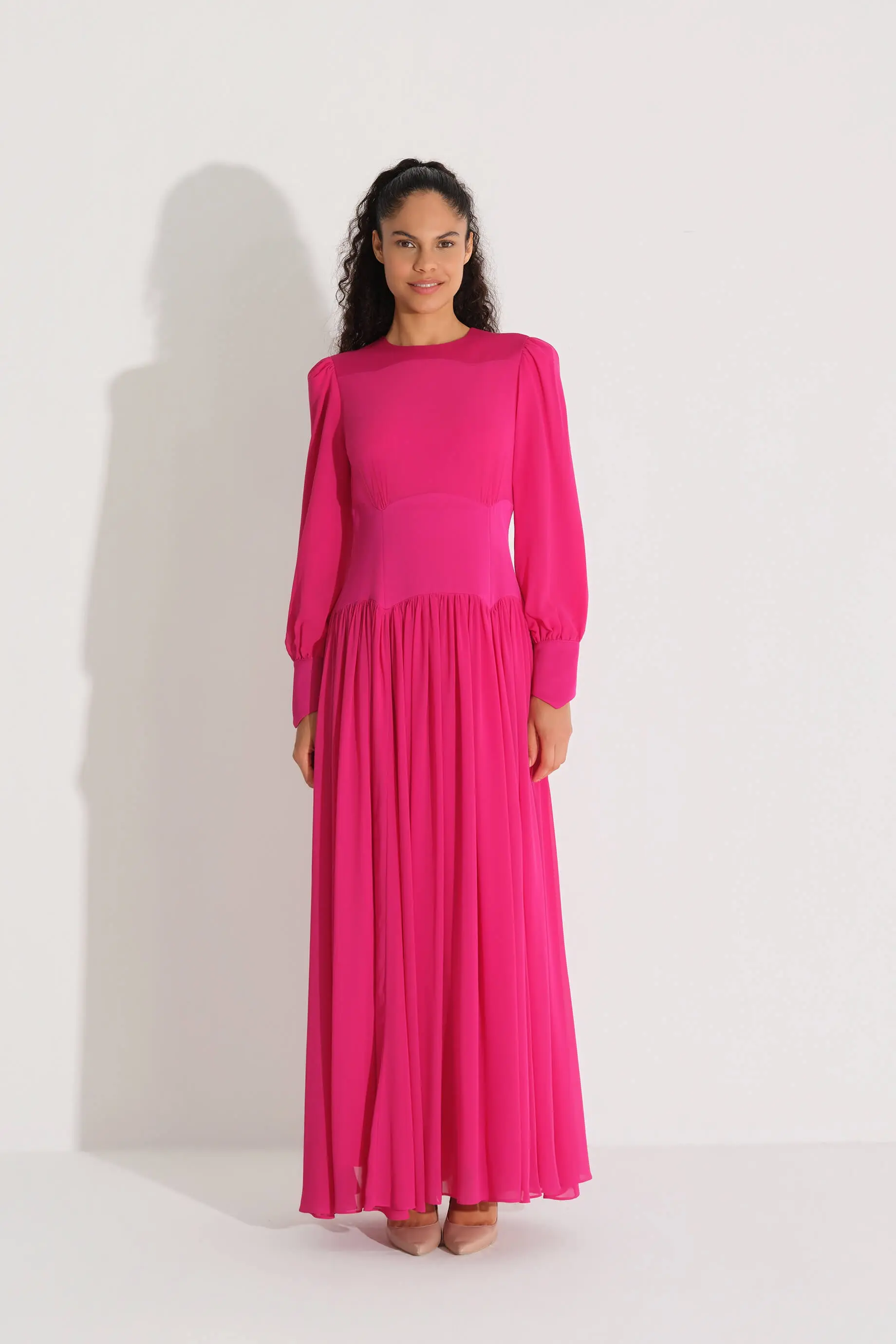 Stone-Embellished Waist Chiffon Dress – Fuchsia