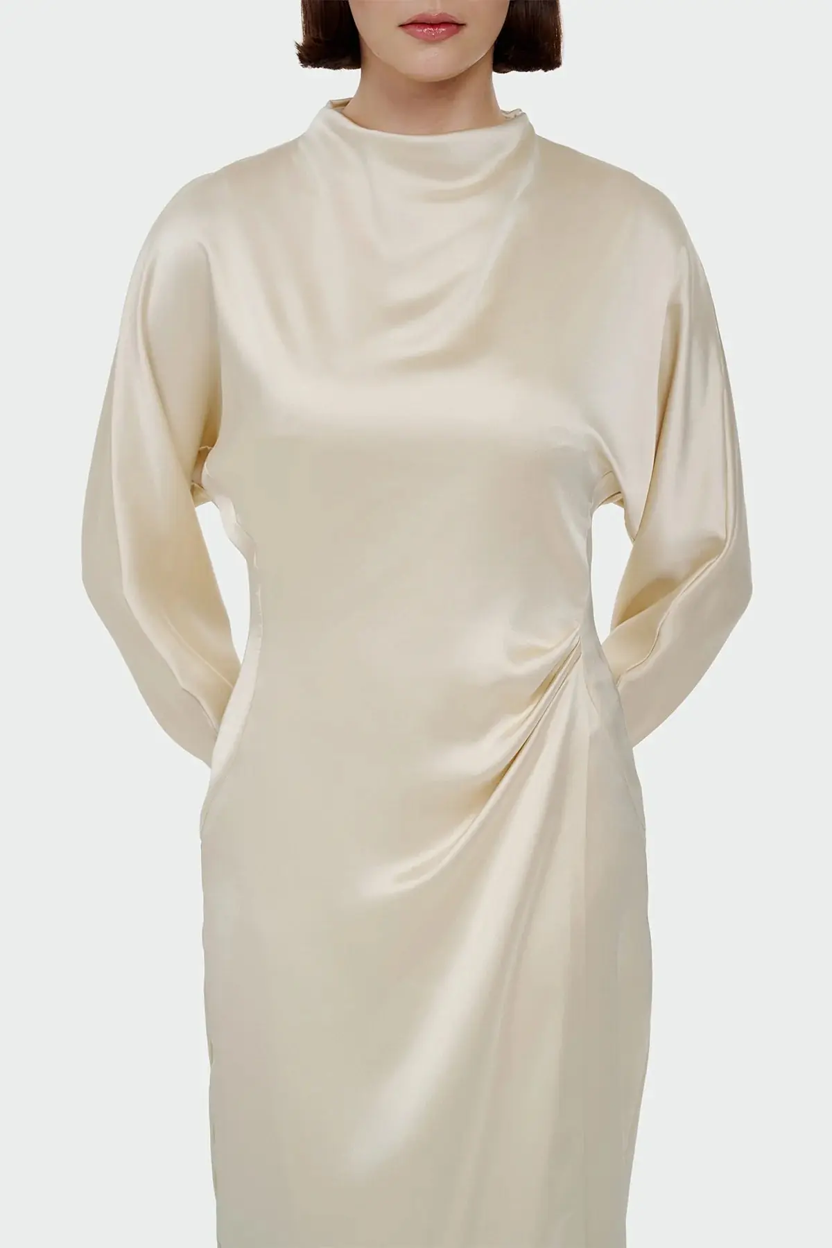 Ruched Waist Satin Midi Dress - Cream, photo 2