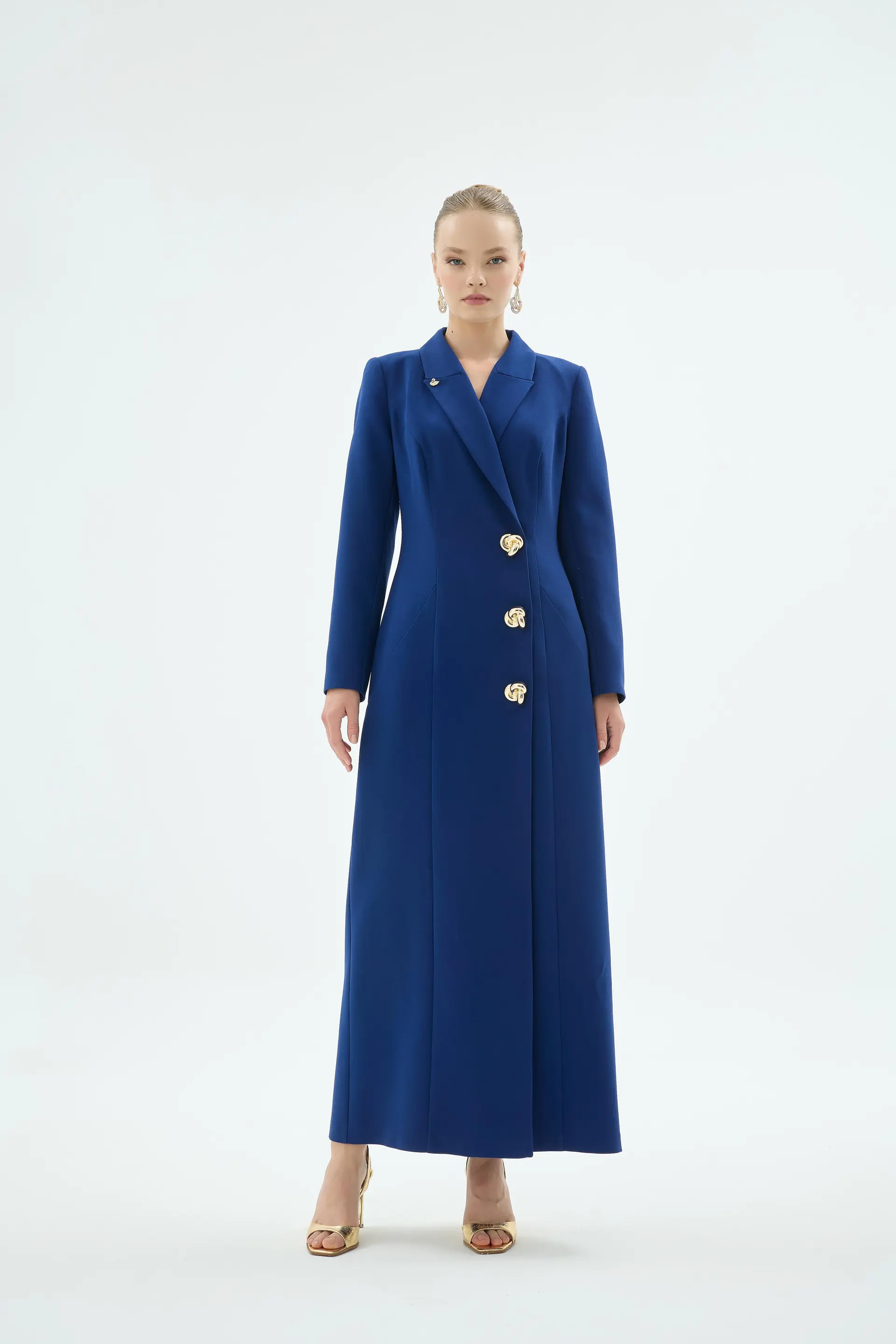 Tailored Blazer Collar Buttoned Dress – Navy, photo 4