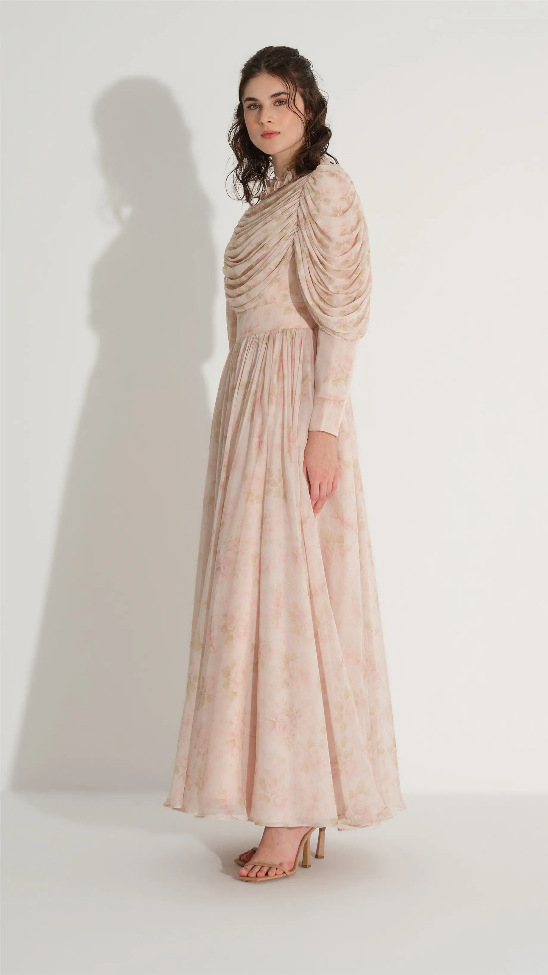 Sheer Tulle-Detail Chiffon Dress – Salmon, photo 4