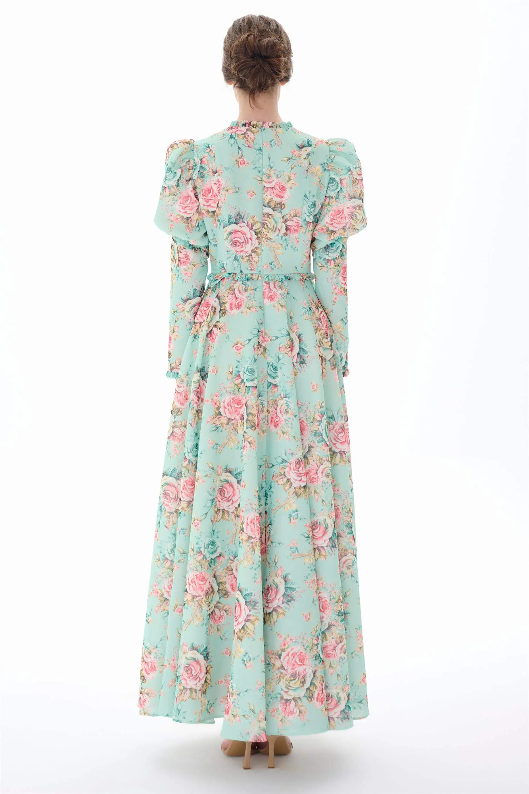 Mint Puff Sleeve Floral Modest Dress, photo 3