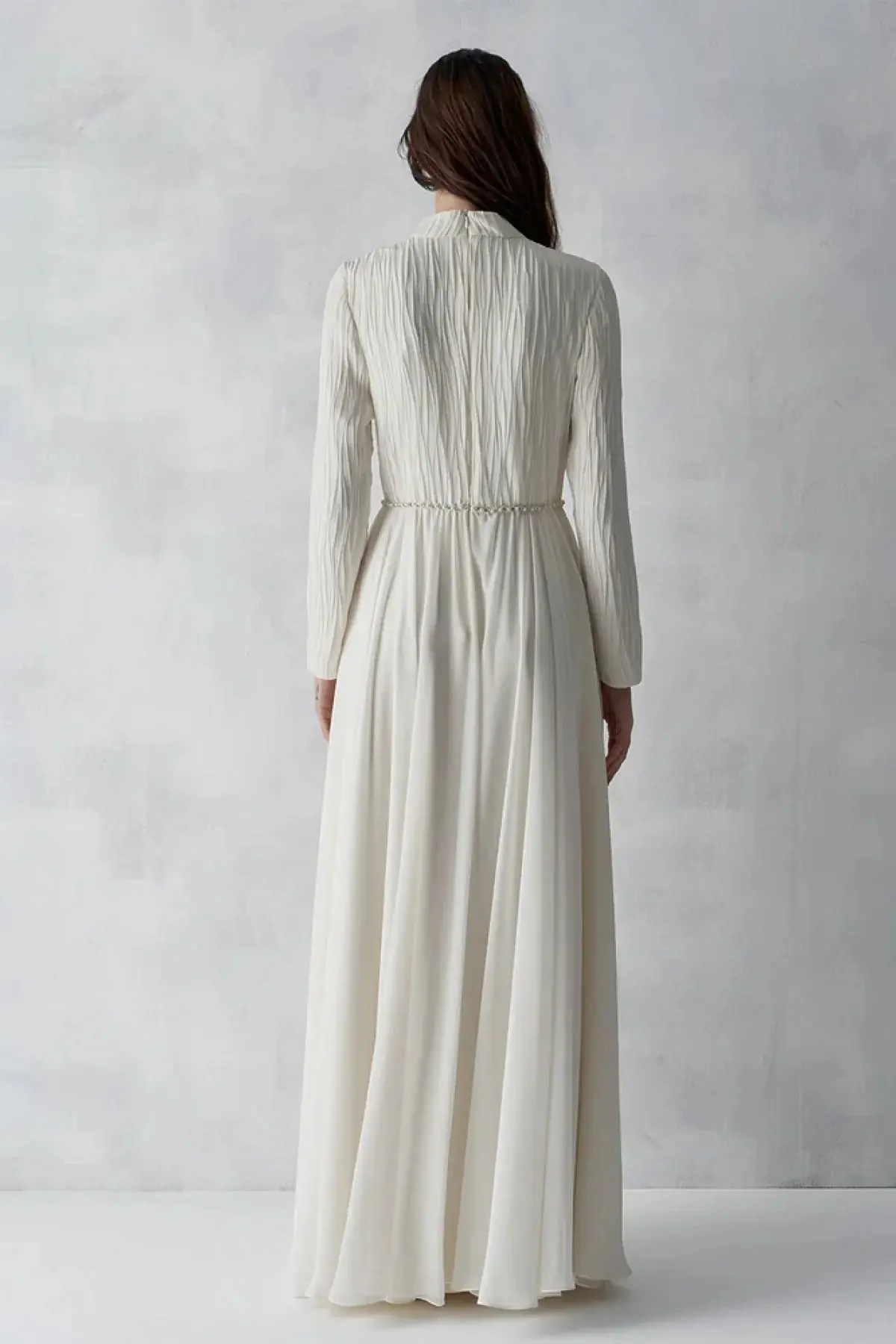 Pleated Bodice Embellished Evening Gown – Cream, photo 7