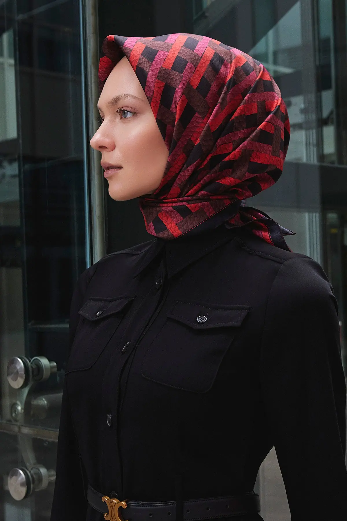 Leather Weave Print Twill Silk Scarf -Burgundy, photo 2