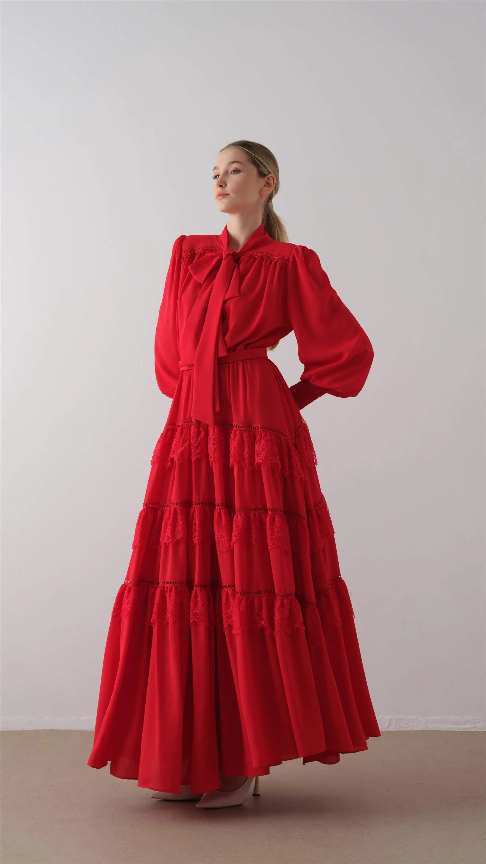 Tiered Ruffle Long Dress – Red