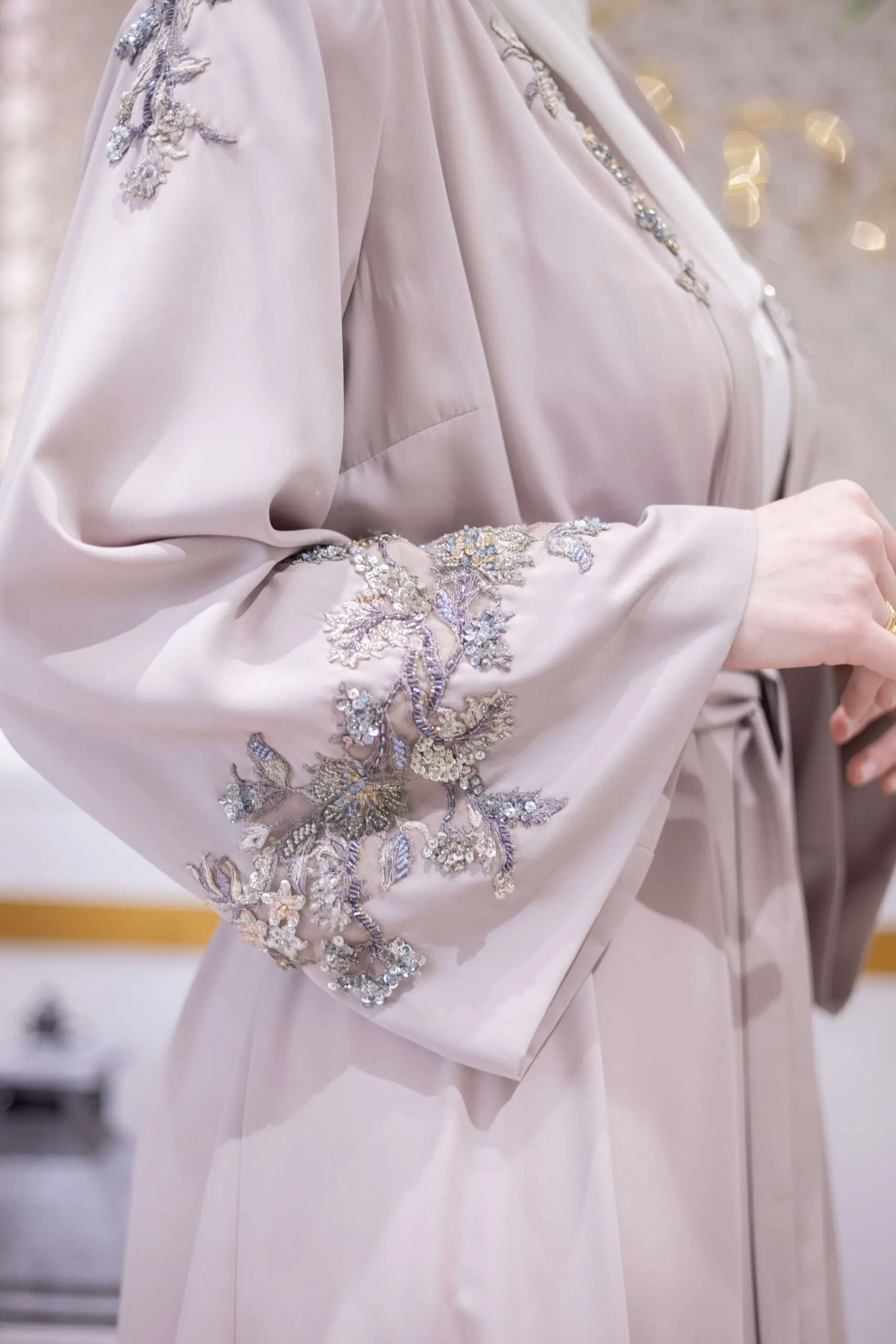 Silk Crown Embellished Abaya – Soft Taupe, photo 5