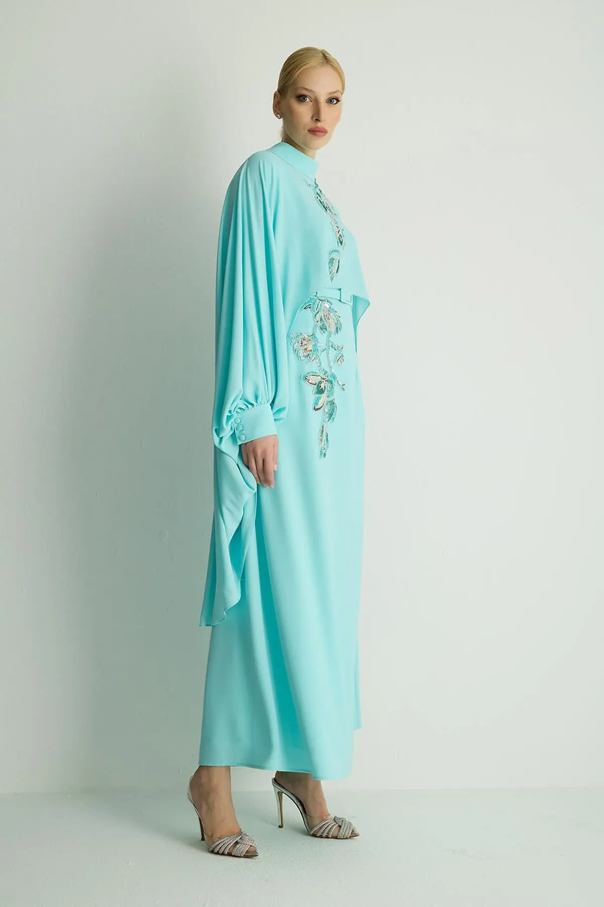 Petunia Embellished Cape Dress – Aqua, photo 3