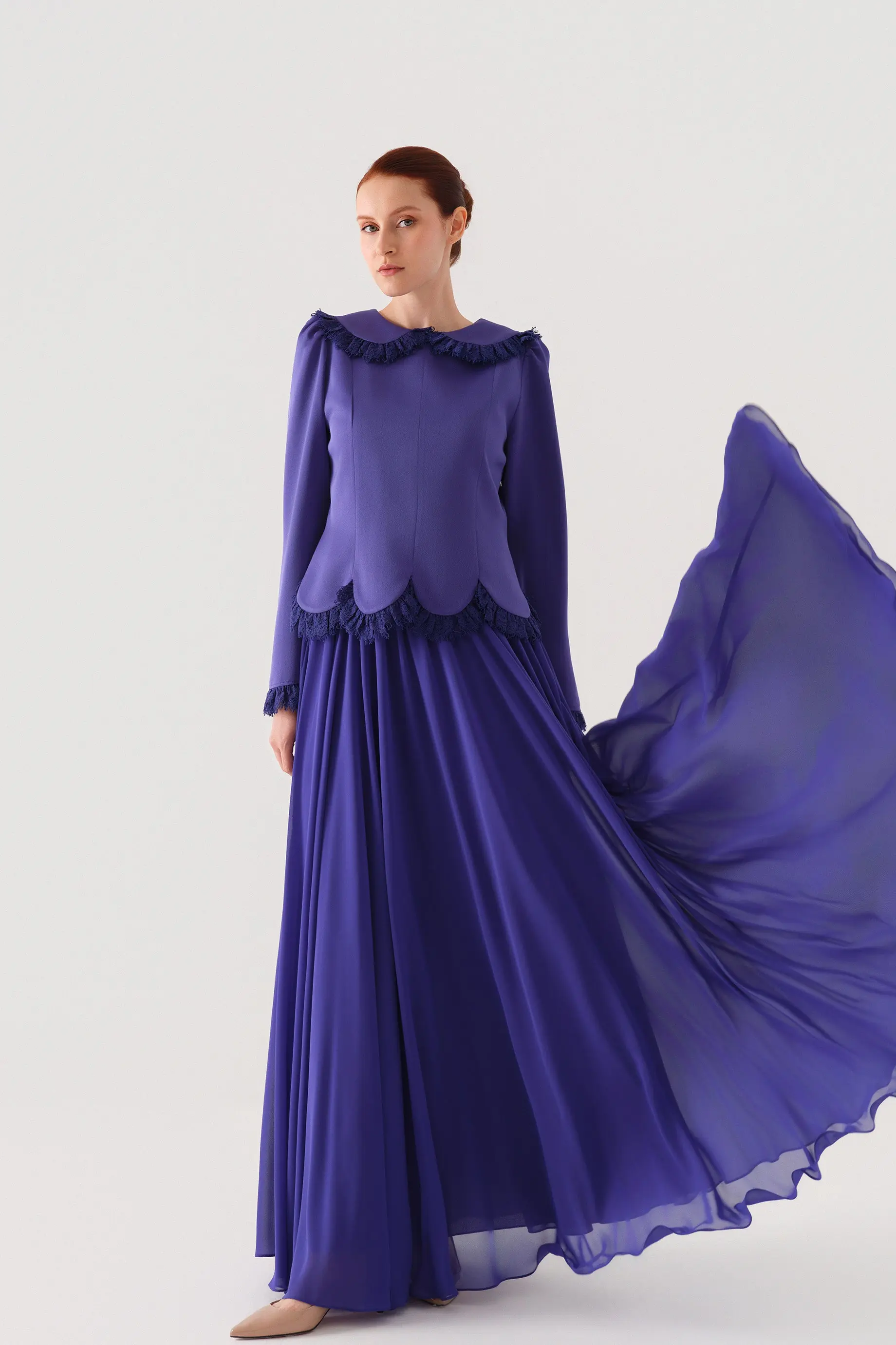 Peter Pan Collar Blouse and Lace-Trim Skirt Set – Purple, photo 5