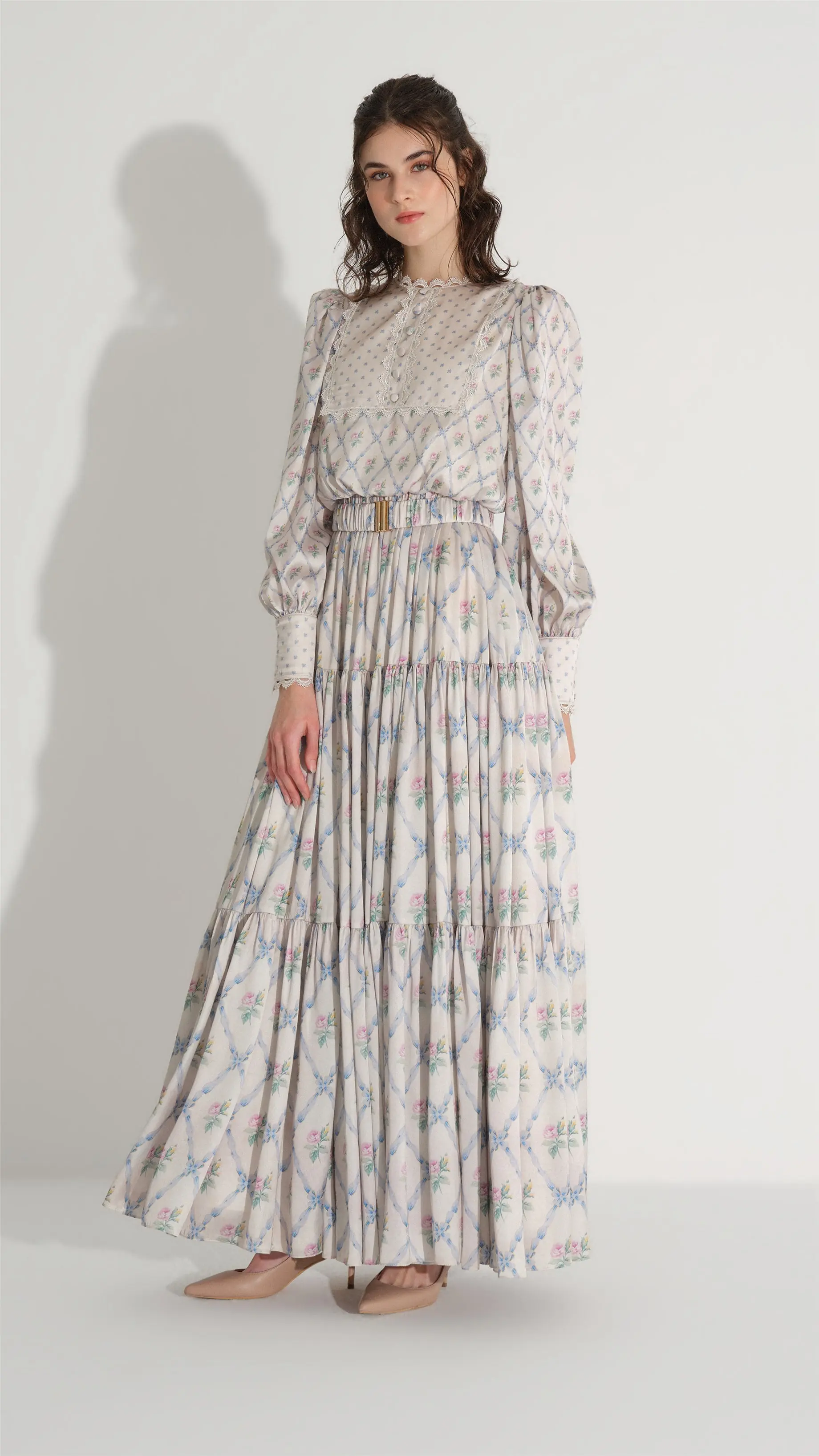 Diamond-Pattern Chiffon Satin Dress – Cream, photo 5