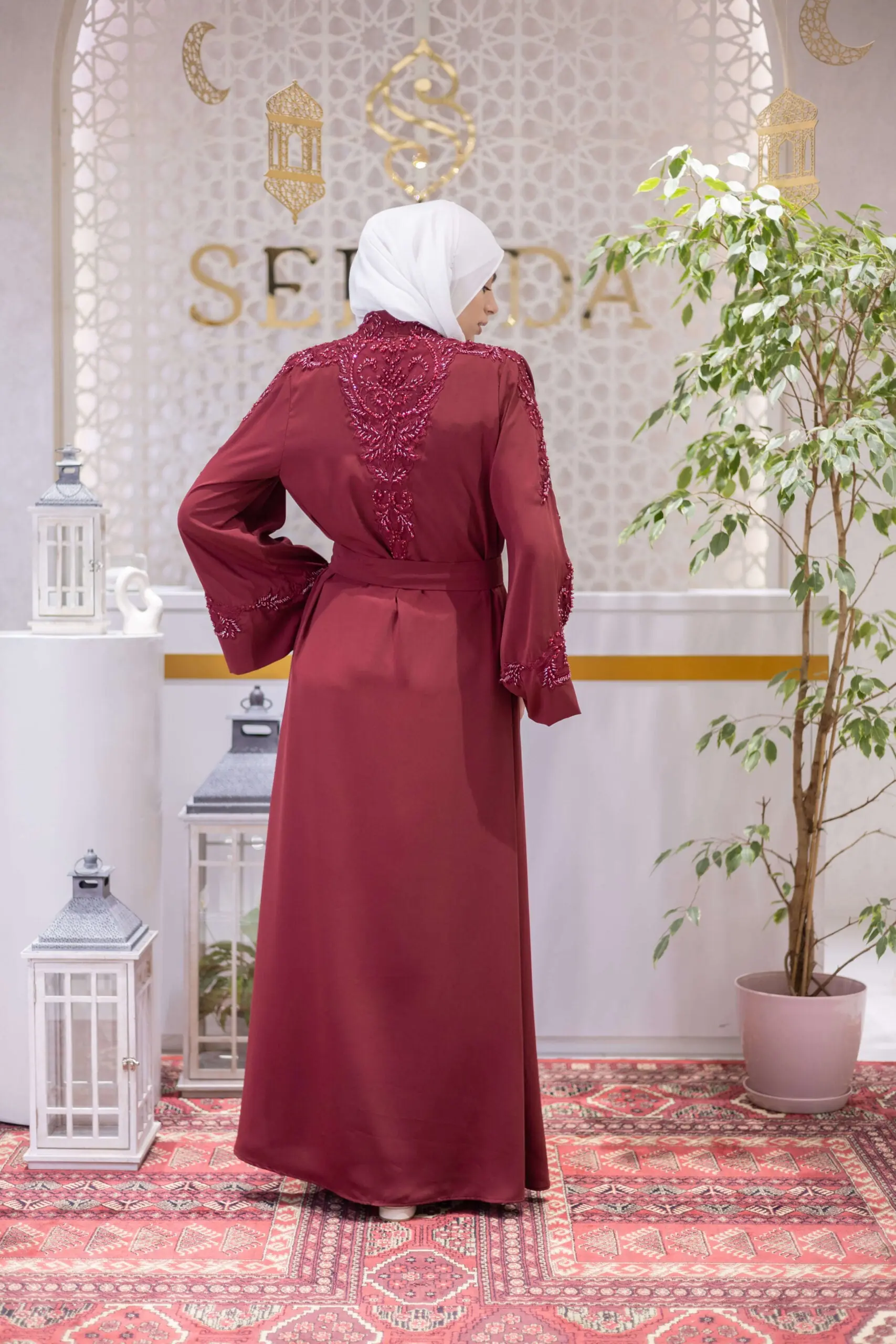 Crystal Veil Embellished Abaya – Red, photo 6