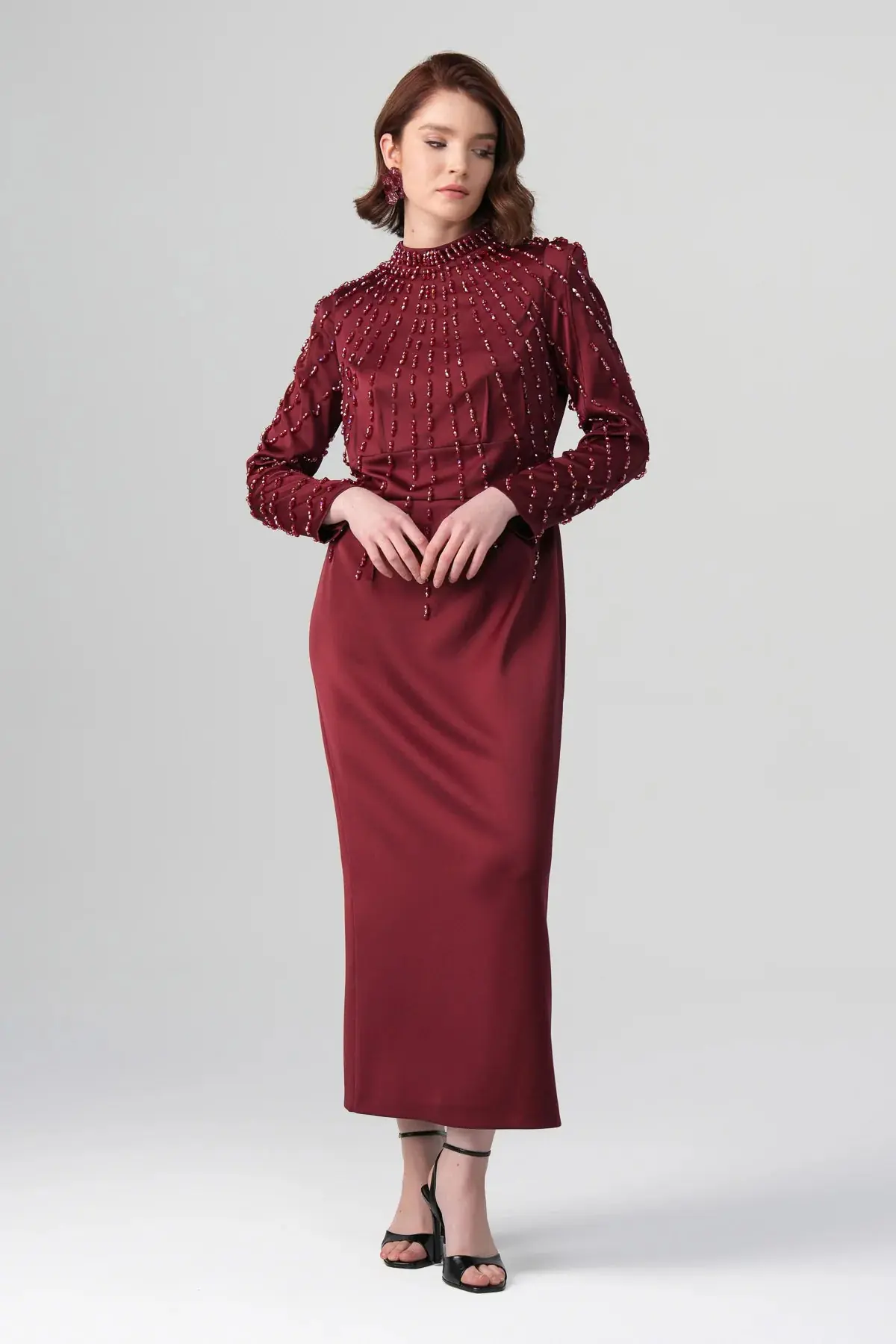 Rubina Embellished Neck Dress – Bordeaux, photo 4