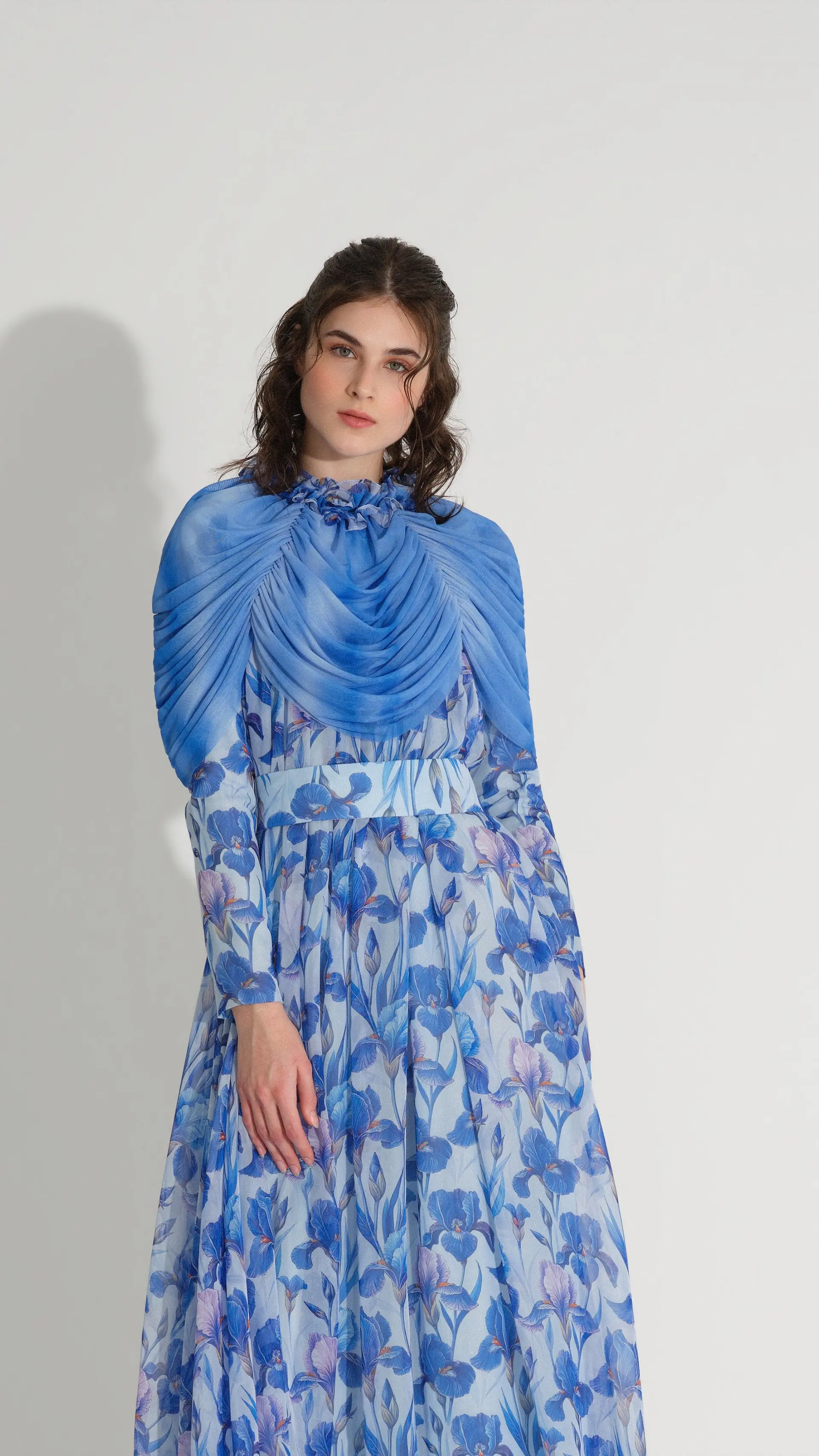 Cape Detail Silk Chiffon Dress – Blue, photo 2