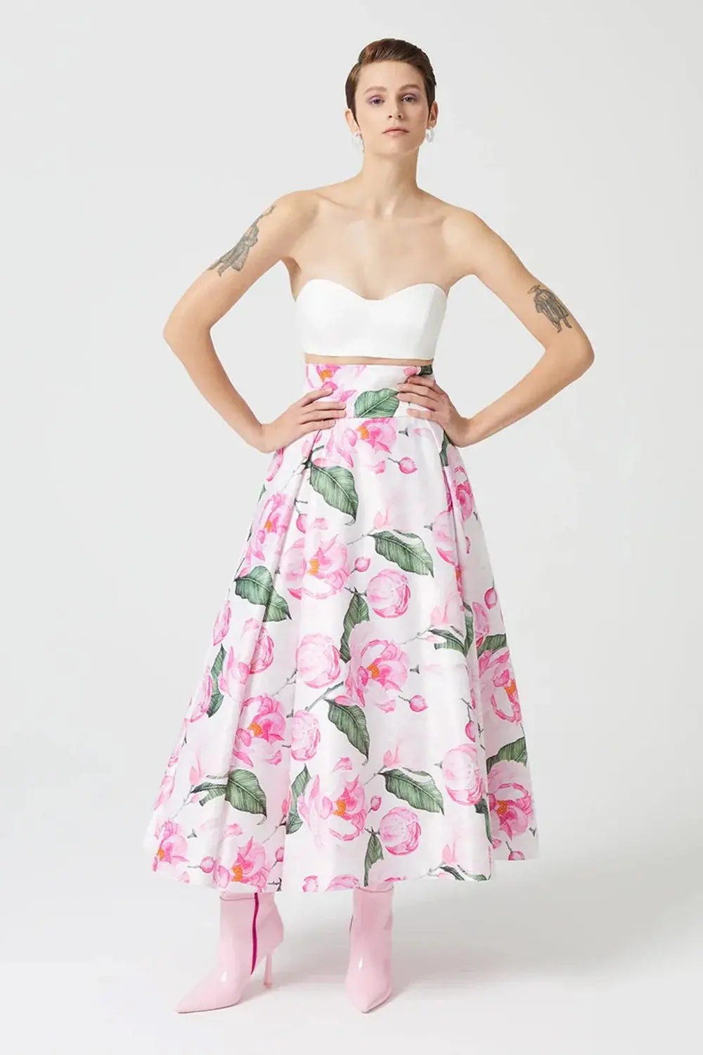 High-Waisted Corset-Panel Flared Skirt – Rose Patterned