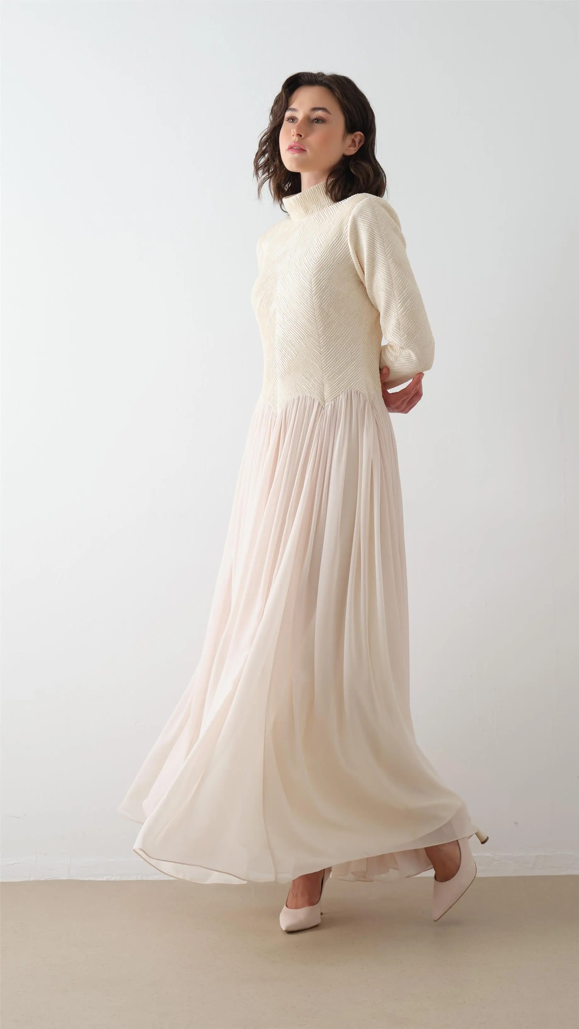 Turtleneck Crepe Chiffon Maxi Dress – Ecru, photo 4
