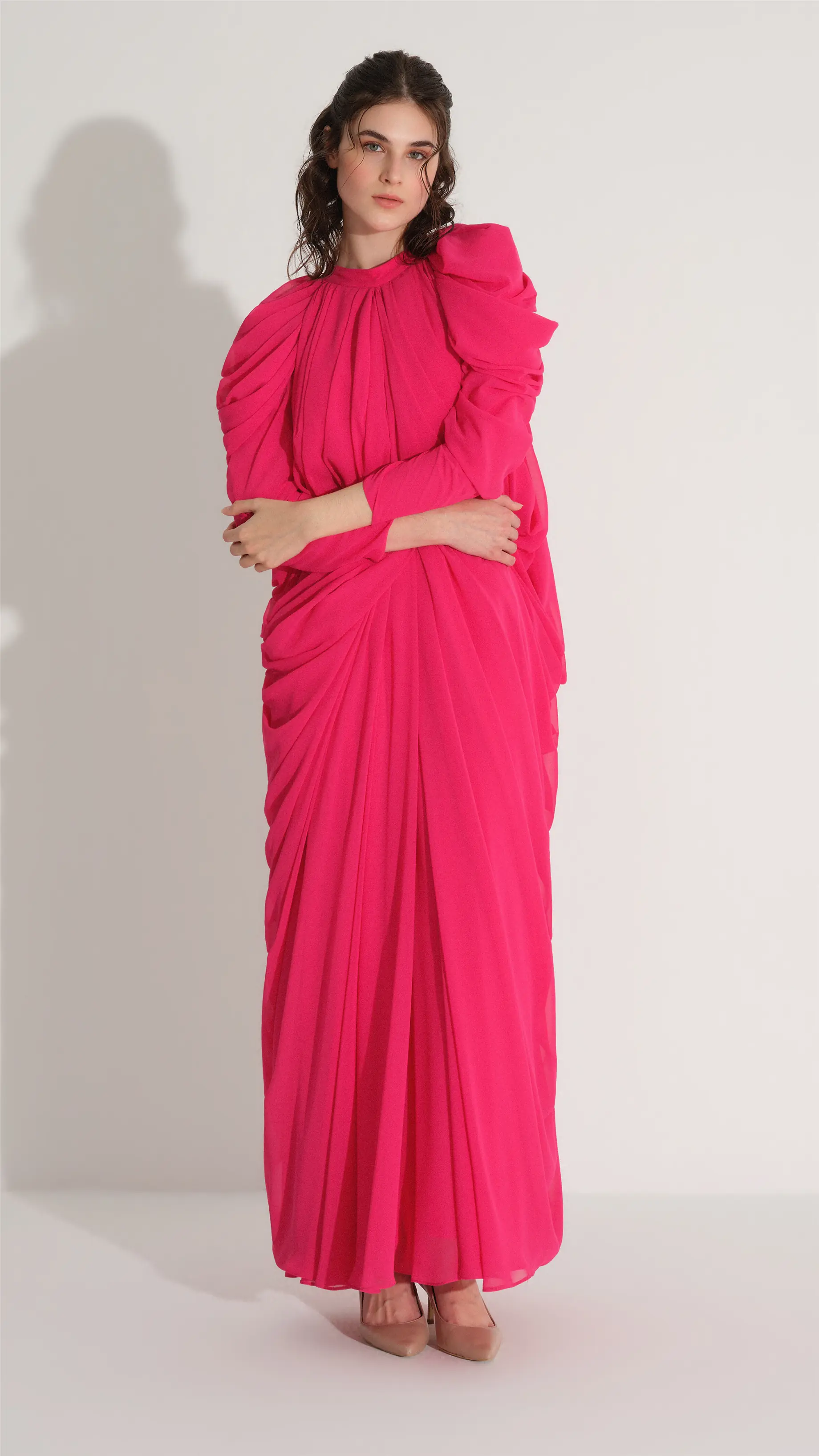 Gathered Side & Sleeve Detail Chiffon Dress – Fuchsia, photo 2