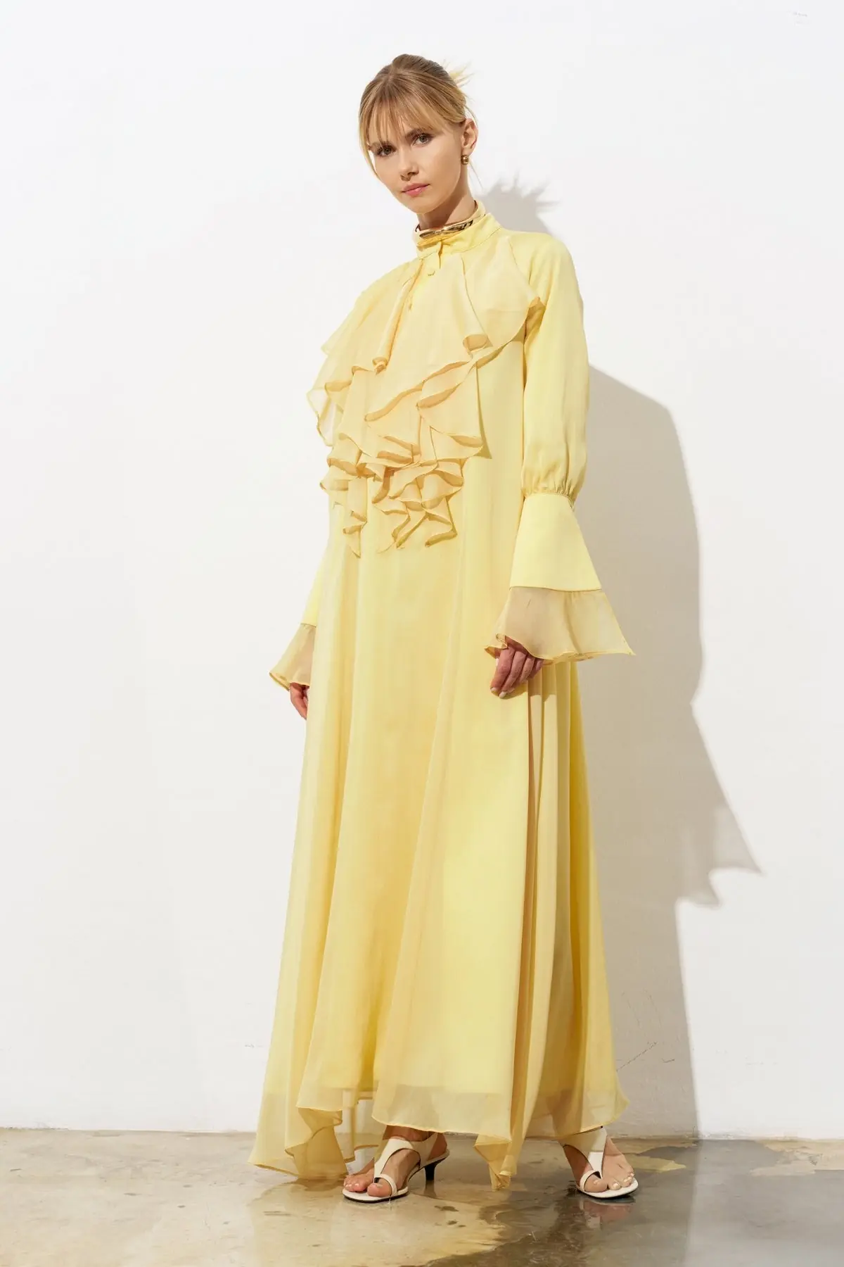 Bloom Ruffle Detail Chiffon Maxi Dress - Yellow