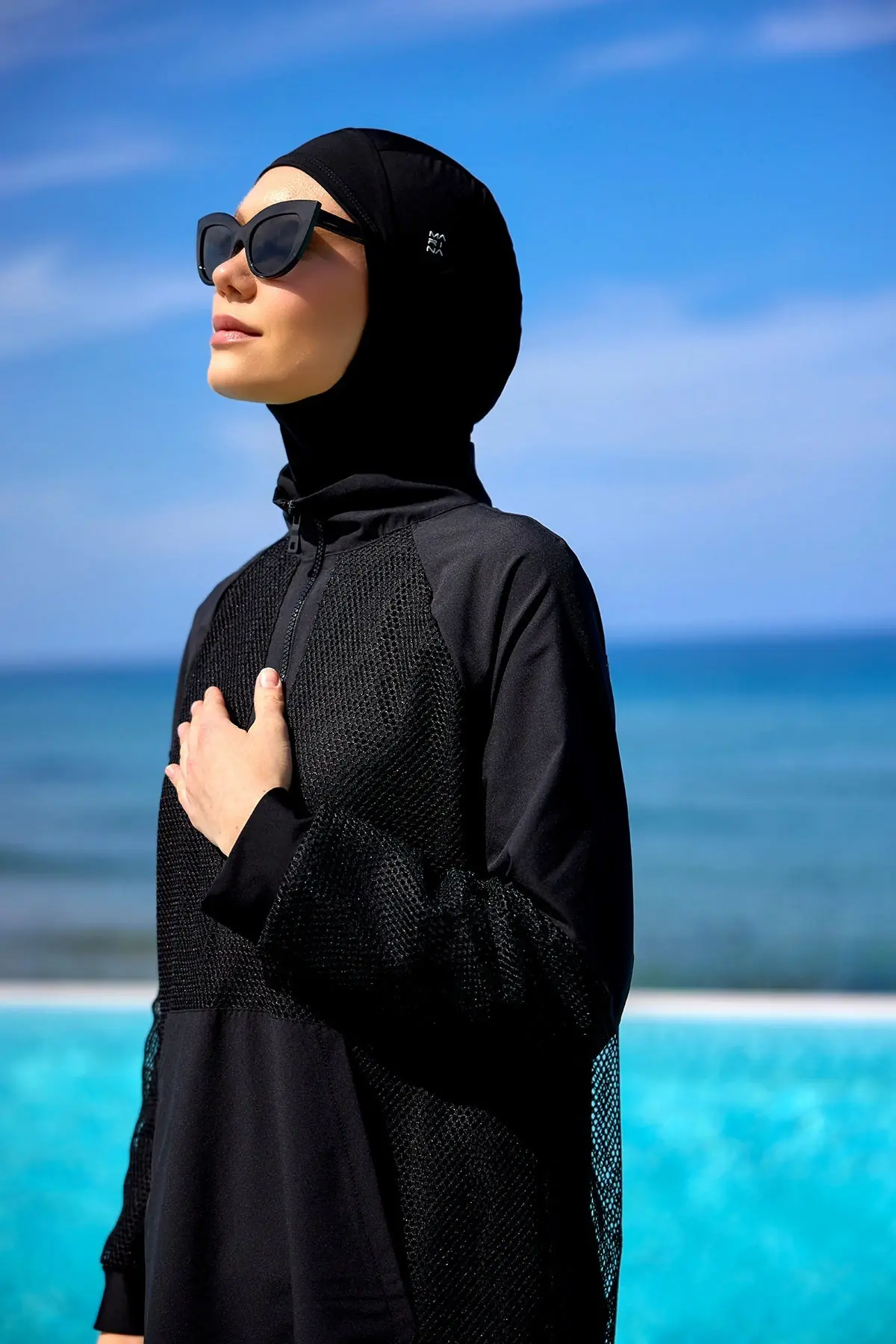 Black Tulle Detail Full Coverage Swimwear Burkini M2534-1
