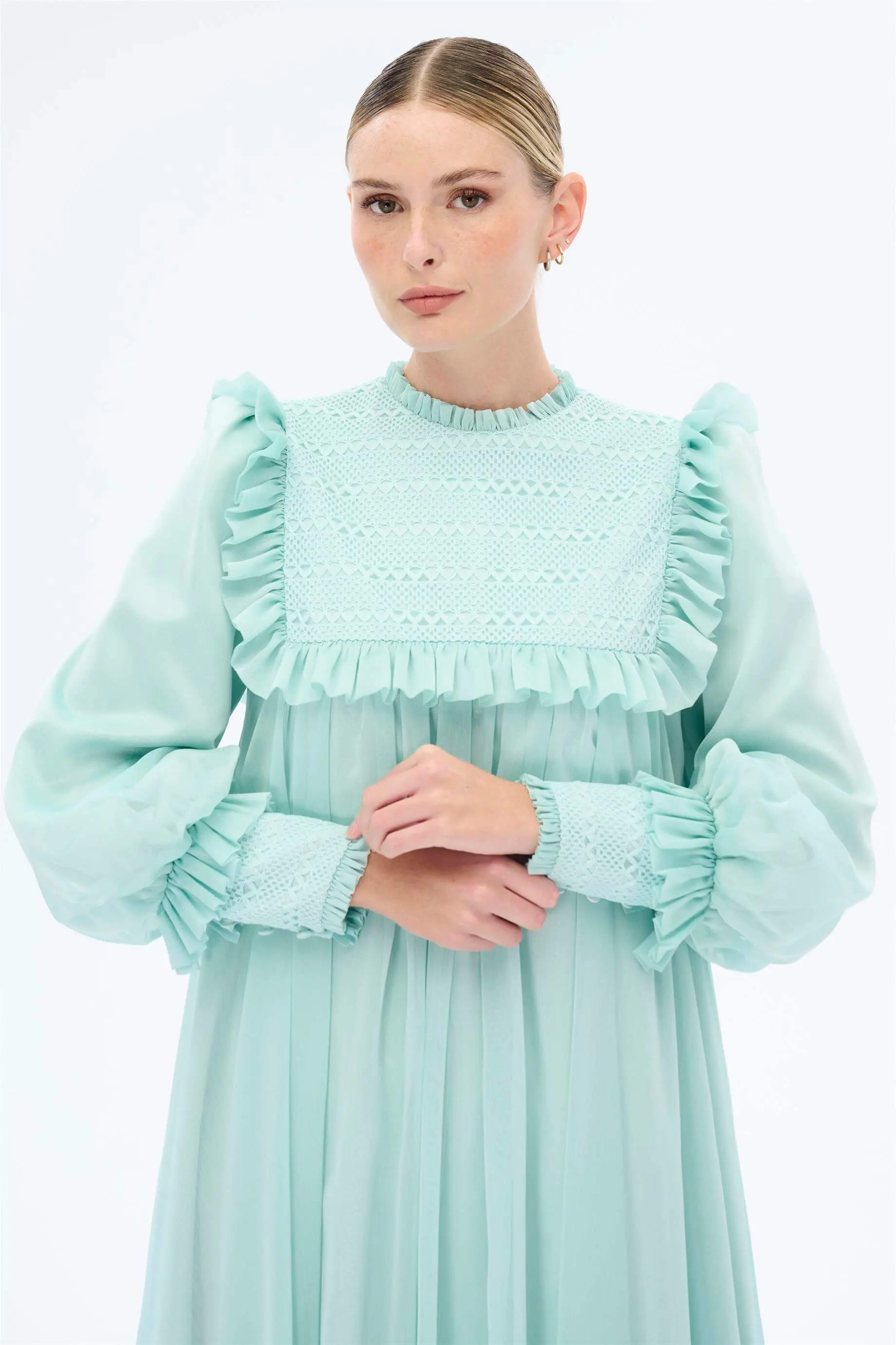 Embroidered Lace Yoke Chiffon Dress – Mint, photo 4