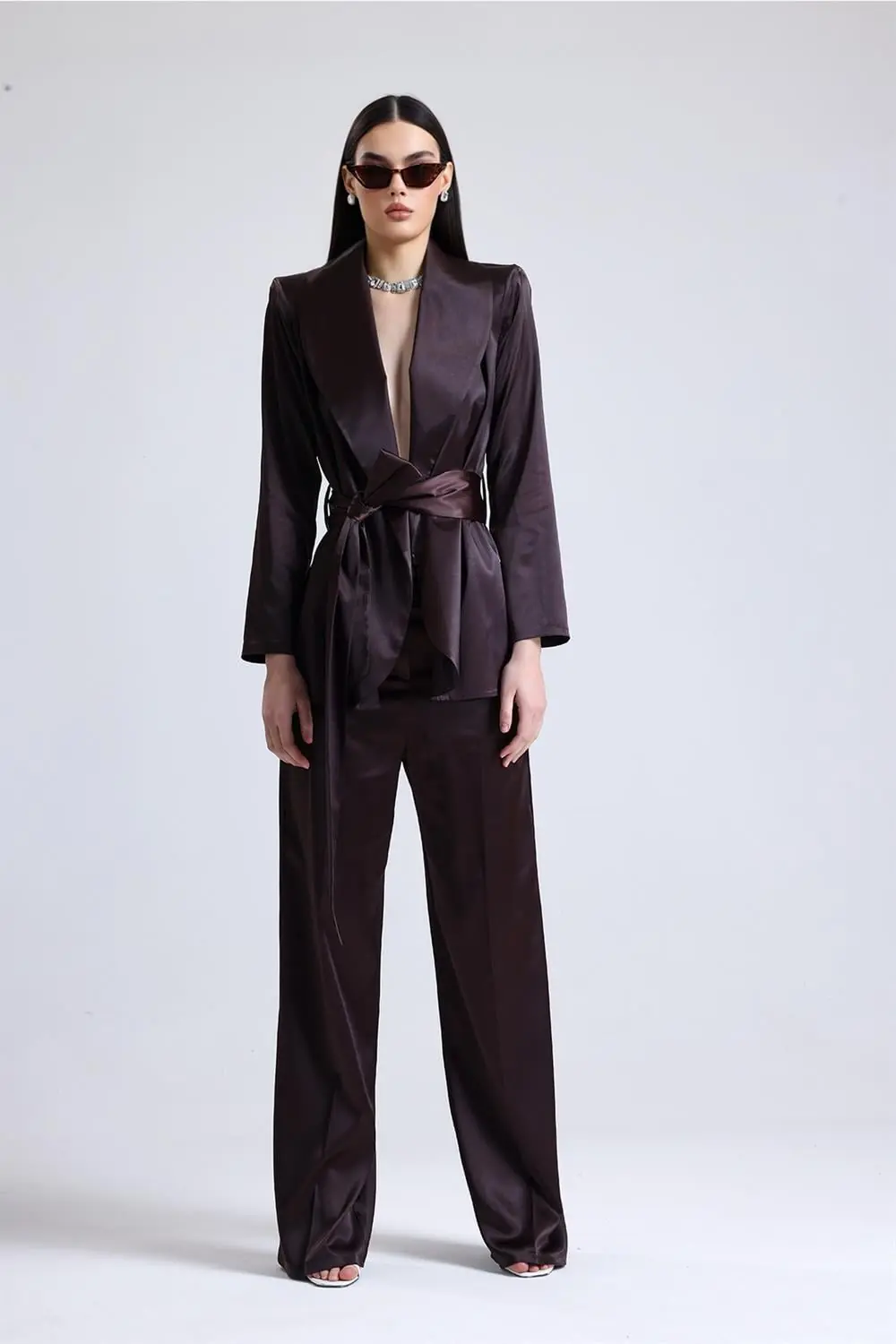 Satin Ember Belted Set – Brown, photo 2