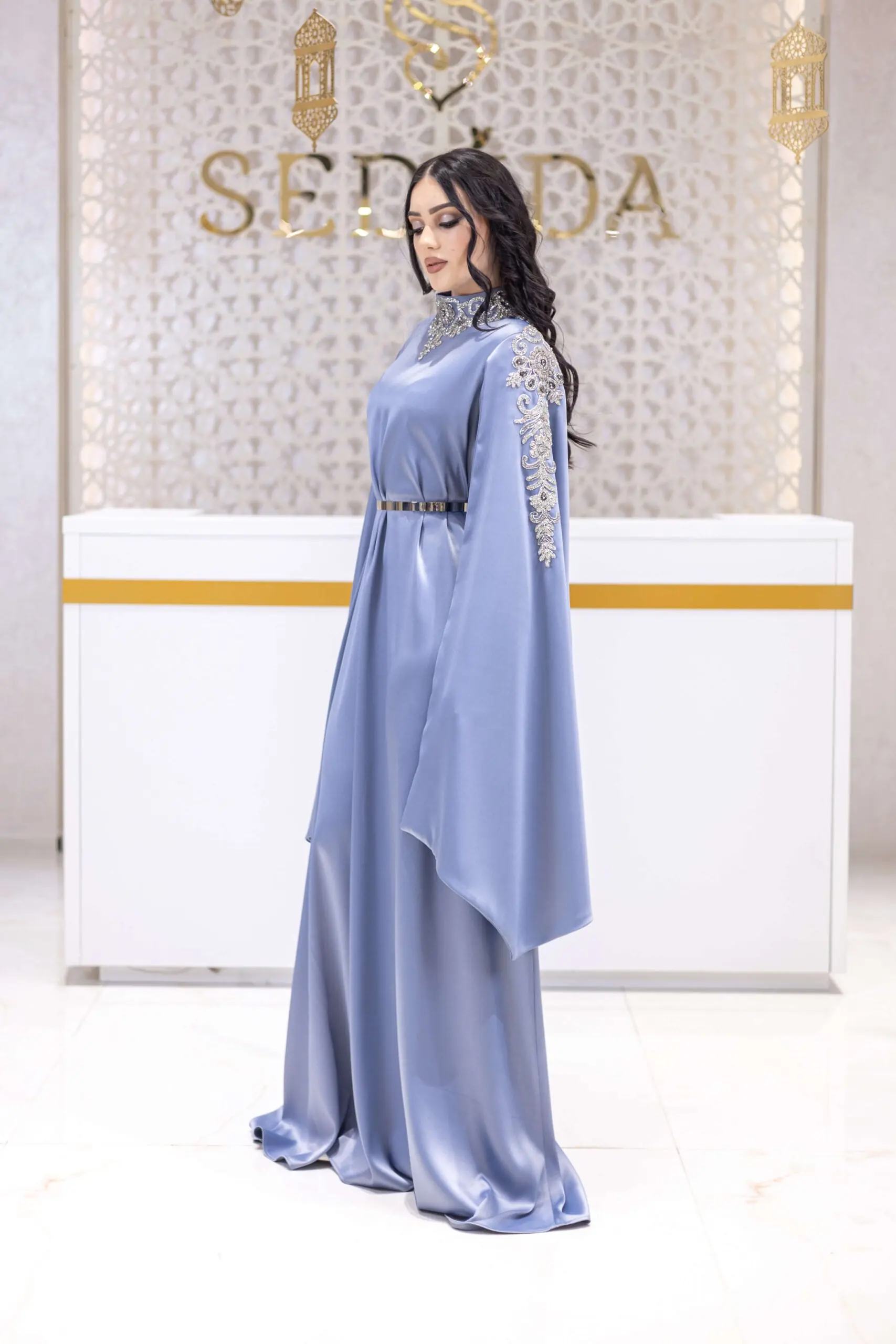 Diamond Aura Embellished Satin Gown – Blue, photo 4